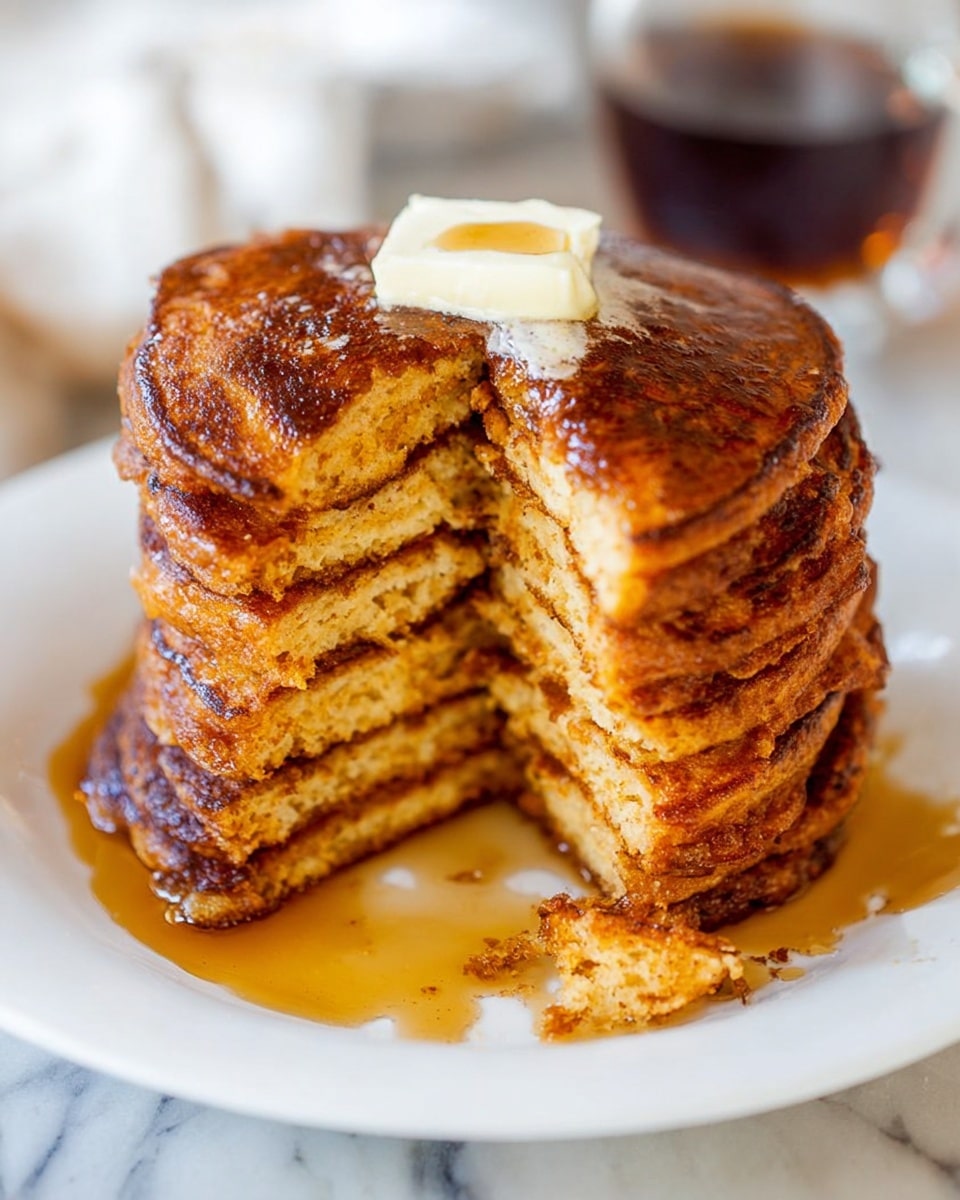 A tall stack of seven golden-brown pancakes sits on a white plate with some syrup pooled around the base. The pancakes are fluffy with a slightly uneven texture and have a warm, rich color from being cooked well. A generous pat of butter melts on top of the stack, with syrup drizzled over it, creating a shiny glaze. Part of the stack is cut out, showing the soft layers inside. In the blurred background, a clear glass of dark syrup can be seen on a white marbled surface. photo taken with an iphone --ar 4:5 --v 7
