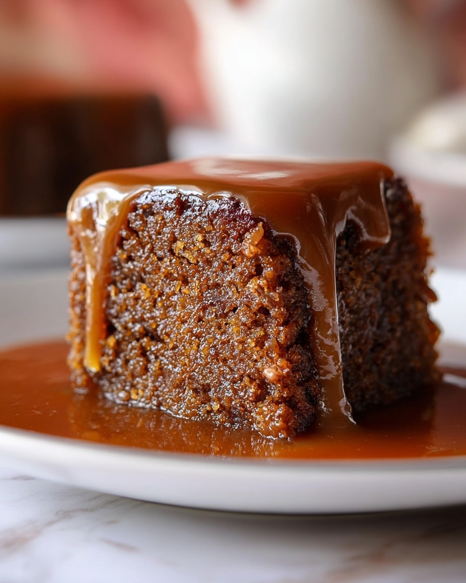 A single square piece of dark brown sticky cake sits in the center of a white plate with a white marbled texture, soaked slightly and surrounded by a thick layer of shiny, rich caramel sauce that pools around the cake. On top of the cake, there is a smooth, round scoop of off-white vanilla ice cream, dripping with more caramel sauce that cascades down the sides, blending into the sauce below. The cake’s texture looks moist and soft with small crumbles at the corners. Photo taken with an iphone --ar 4:5 --v 7