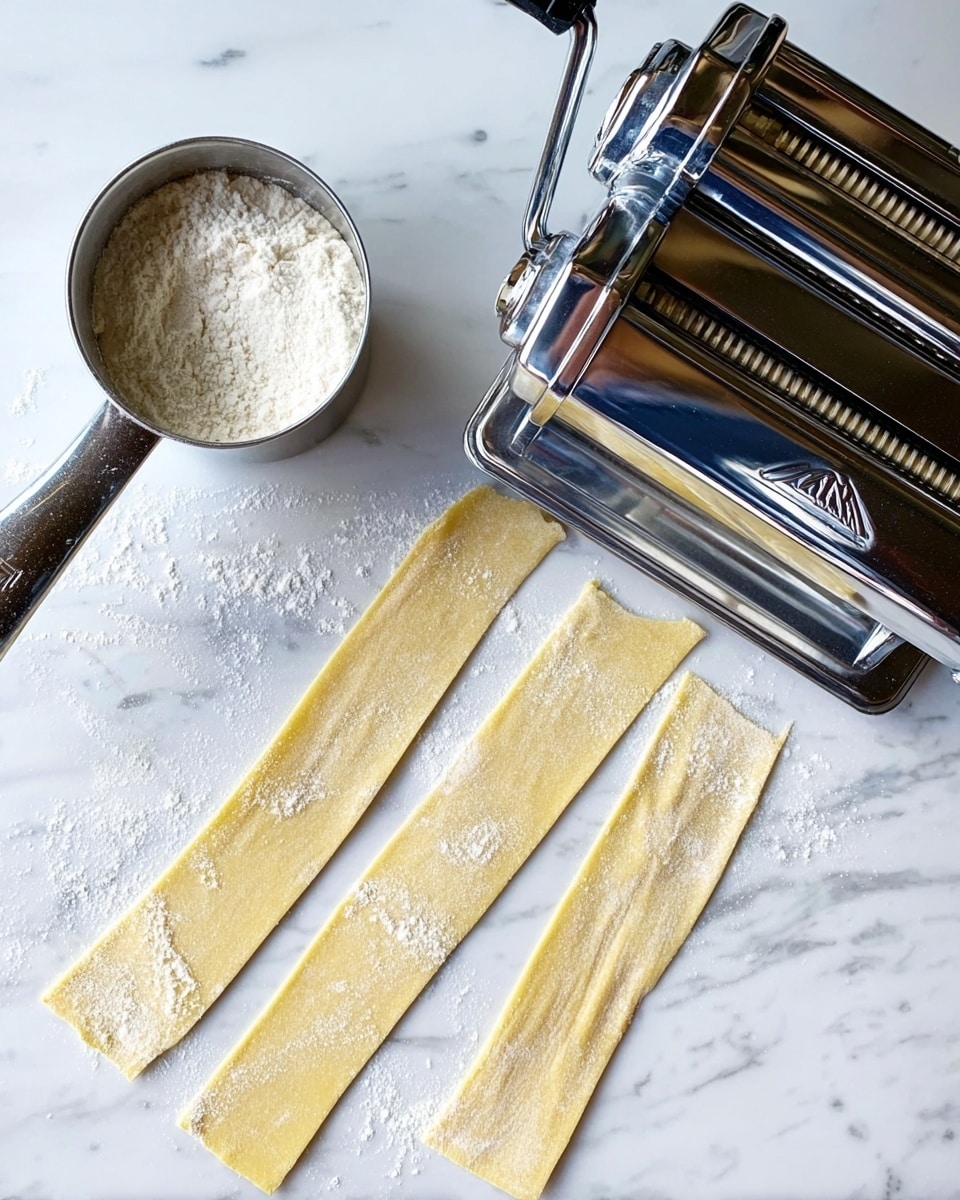 The image shows three long, flat strips of pale yellow pasta dough laid out on a white marbled surface, each strip dusted lightly with flour. To the right of the dough is a shiny silver pasta machine with reflective metal parts, including rollers and a handle, resting on the surface. To the left is a metal measuring cup filled with white flour, with some flour spilled slightly around the cup on the white marbled surface. The whole scene has a clean and simple look with soft natural light. Photo taken with an iphone --ar 4:5 --v 7