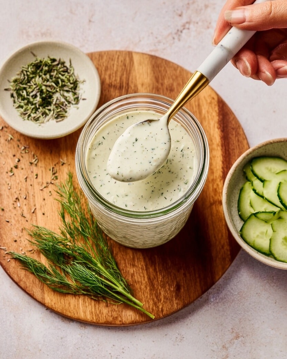 A clear glass jar filled with a thick, creamy sauce that is light green with black specks, placed on a wooden board. A white ceramic spoon is dipped into the sauce, showing its smooth and slightly chunky texture, held above the jar. On the left side, a small white bowl contains dried green herbs, and a light wooden plate with fresh dill sprigs is partially visible. To the right, a pale root vegetable piece rests next to the jar. The background is a white marbled surface. Photo taken with an iphone --ar 4:5 --v 7