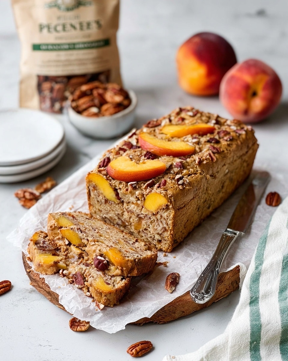 A loaf of nut bread sits on a piece of parchment paper on a wooden board with a white marbled surface underneath, sliced to show its moist interior filled with small bits of pecans and topped with golden peach slices and sprinkled chopped pecans. Behind the loaf, a bowl full of whole pecans is placed next to a bag of shelled pecans. To the right, two whole peaches rest on a white and green striped cloth. A silver knife lies in front of the loaf, and a white plate is partially visible in the background. Photo taken with an iphone --ar 4:5 --v 7