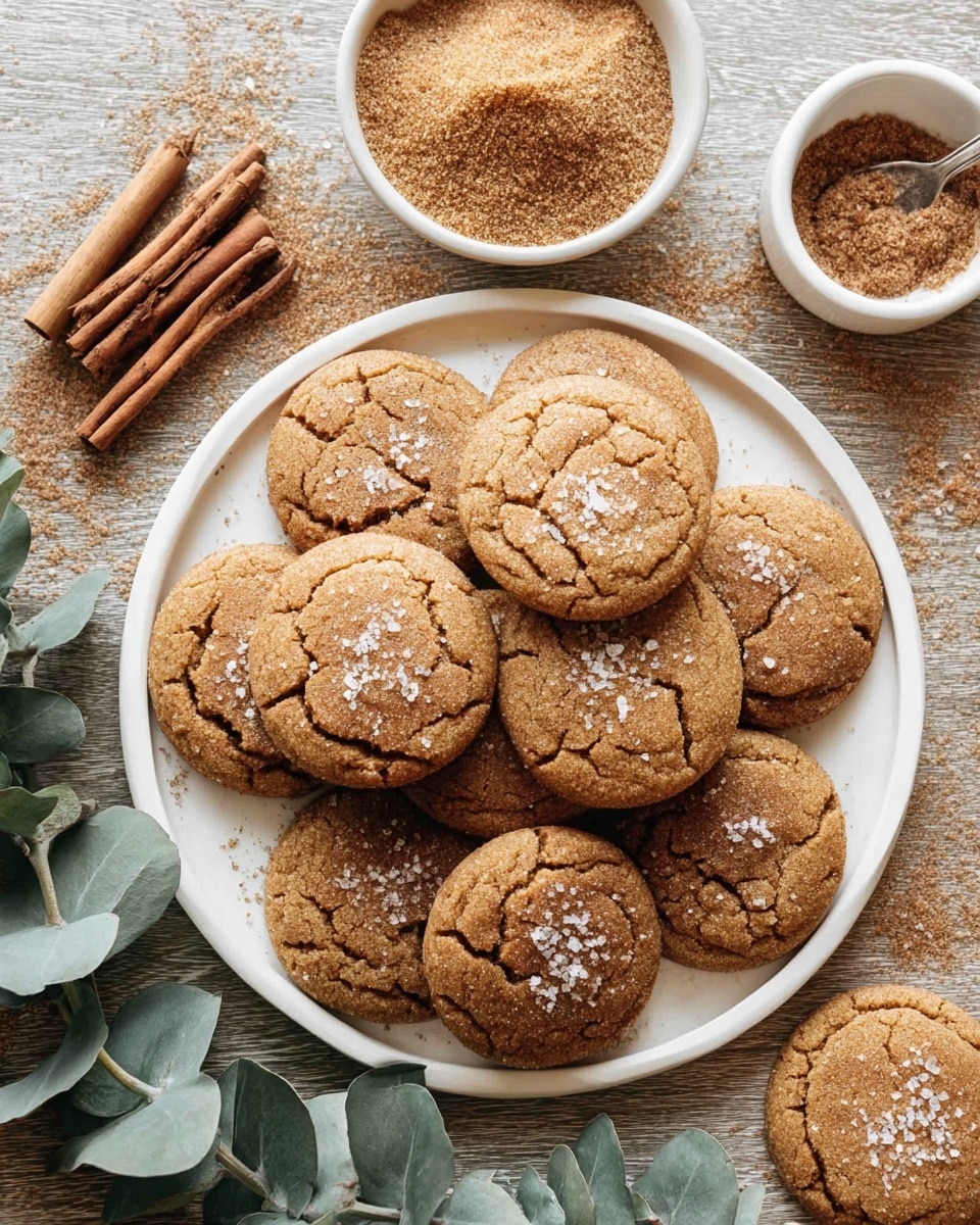 A white round plate holds nine soft, golden-brown cookies arranged in a slightly overlapping circle. Each cookie has a cracked, textured top sprinkled lightly with coarse salt. Next to the plate, there is a small white bowl filled with a light brown cinnamon sugar mix, topped with two cinnamon sticks. Nearby, a small white cup contains ground cinnamon with a small wooden spoon resting inside. Two whole cinnamon sticks lie next to the plate, and some green eucalyptus branches frame the bottom left corner of the scene. The background is a rustic dark wooden surface. Photo taken with an iphone --ar 4:5 --v 7