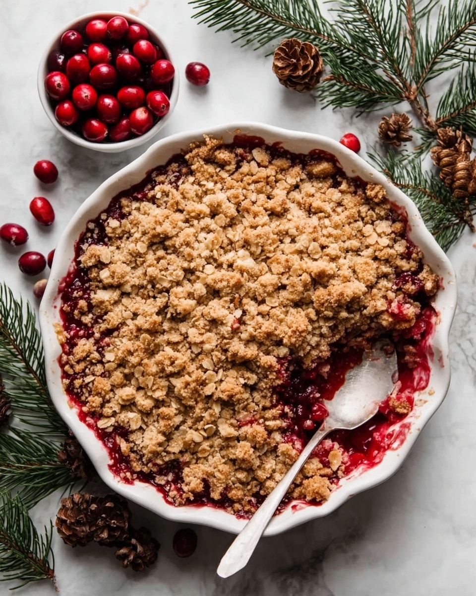 A close-up view of a spoon holding a serving of a dessert with two main layers: a top layer of crunchy, golden-brown crumbly topping with small nut pieces and a thick, juicy bottom layer of shiny, deep red cooked cranberries with syrup, all inside a white bowl filled with more of the same layered dessert. The background shows blurred yellow round fruits on a white marbled surface. Photo taken with an iphone --ar 4:5 --v 7