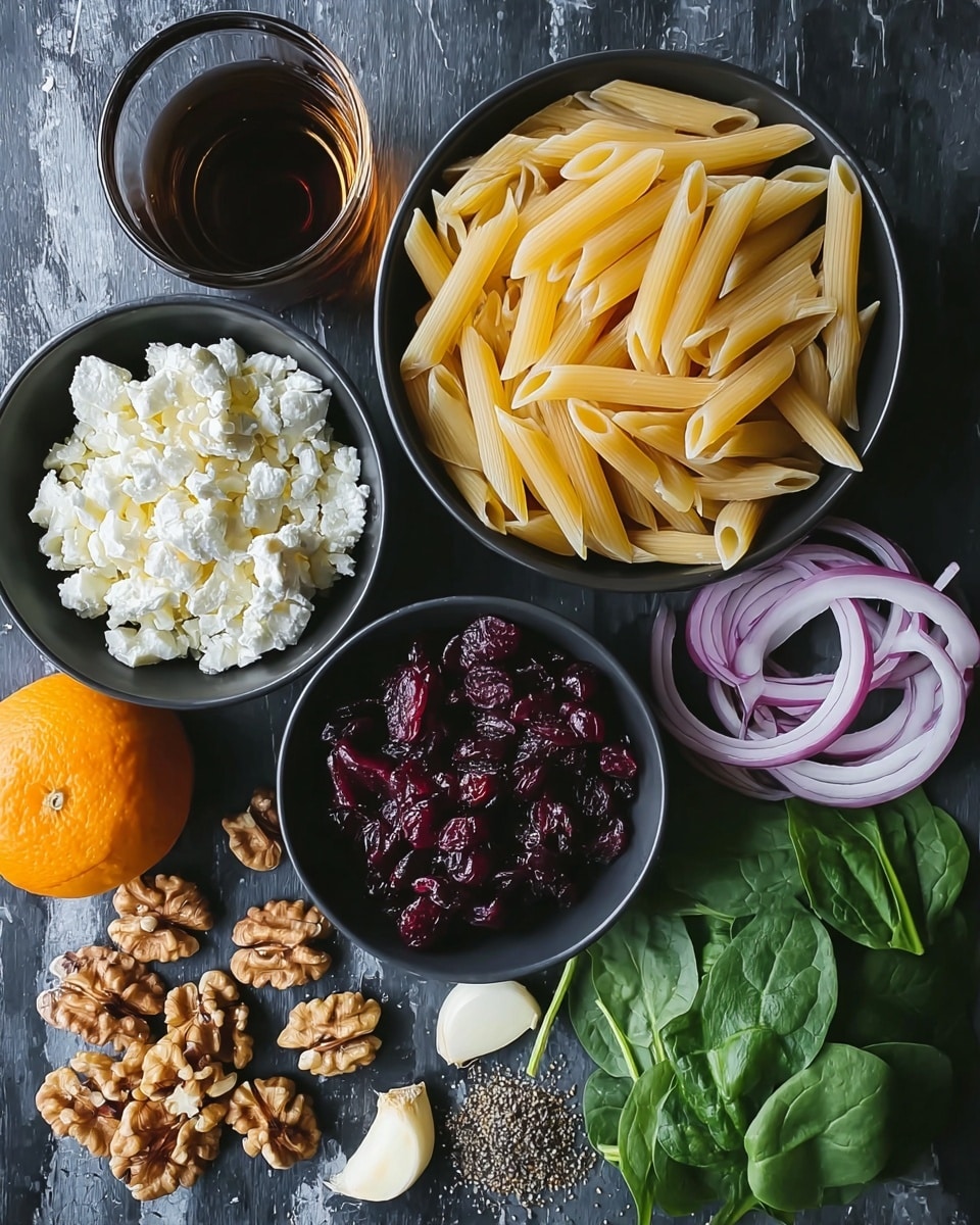 A white bowl holds a colorful pasta salad with three main layers: the base layer is light beige penne pasta, scattered evenly throughout. Over the pasta are bright green spinach leaves and thin, curved slices of purple-red onion. On top of these, there are small chunks of white feta cheese and dark brown sun-dried tomatoes, sprinkled with cracked black pepper. A silver fork rests inside the bowl on the right side. The bowl is placed on a white marbled surface, with a small white bowl of crumbled feta cheese nearby. Photo taken with an iphone --ar 4:5 --v 7