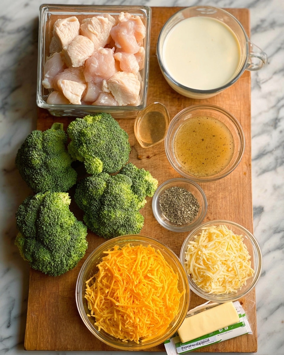 The image shows a wooden board on a white marbled surface holding ingredients for a dish. At the top left, there is a clear square glass container filled with raw chunks of pale pink chicken. To the right, there is a small clear glass filled with a light brown sauce with herbs. Below that, a round clear glass bowl contains creamy white milk. In the center, several large bright green broccoli heads rest on the board. Below the broccoli, a large round clear glass bowl is filled with shredded orange cheddar cheese. To its right is a smaller round clear glass bowl with pale yellow grated cheese. Next to it, a small clear plate holds a mix of black pepper, dried herbs, and white salt. A small butter wrapper and two small sticks of butter sit at the bottom right corner. The photo is taken with an iphone --ar 4:5 --v 7