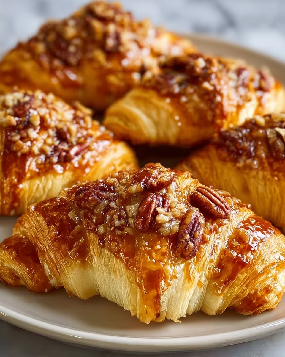 The image shows golden brown croissants with a shiny, sticky glaze on top, covered with small crunchy bits and whole pecan nuts. The croissants are flaky, with visible layers of light, buttery dough. They are placed closely together on a white ceramic plate, which is set on a white marbled surface. The soft light highlights the croissants' flaky texture and glossy topping, making them look fresh and appetizing. photo taken with an iphone --ar 4:5 --v 7