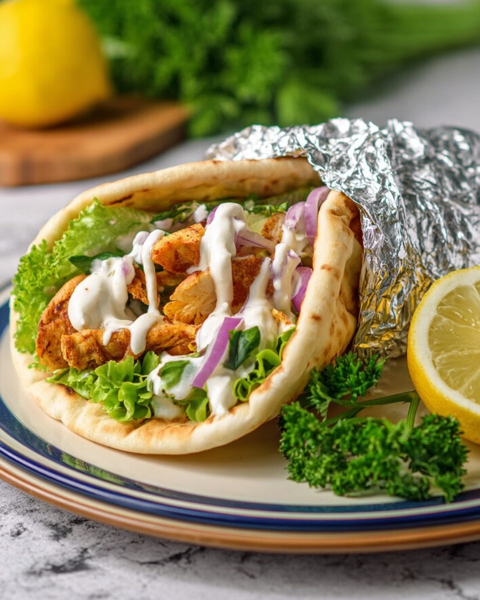 A pita wrap partially covered in shiny silver foil rests on a white plate with a blue rim; the wrap is filled with three main visible layers: the bottom layer has fresh green leafy lettuce and thin pale purple onion slices adding crispness and color, the middle layer shows golden-brown fried pieces providing a crunchy texture, and the top layer is covered with a generous amount of creamy white sauce with small black specks, giving a smooth and rich look. A fresh green parsley sprig and a bright yellow lemon wedge sit beside the wrap on the plate, all placed on a white marbled surface partly covered with a green and white striped cloth. photo taken with an iphone --ar 4:5 --v 7