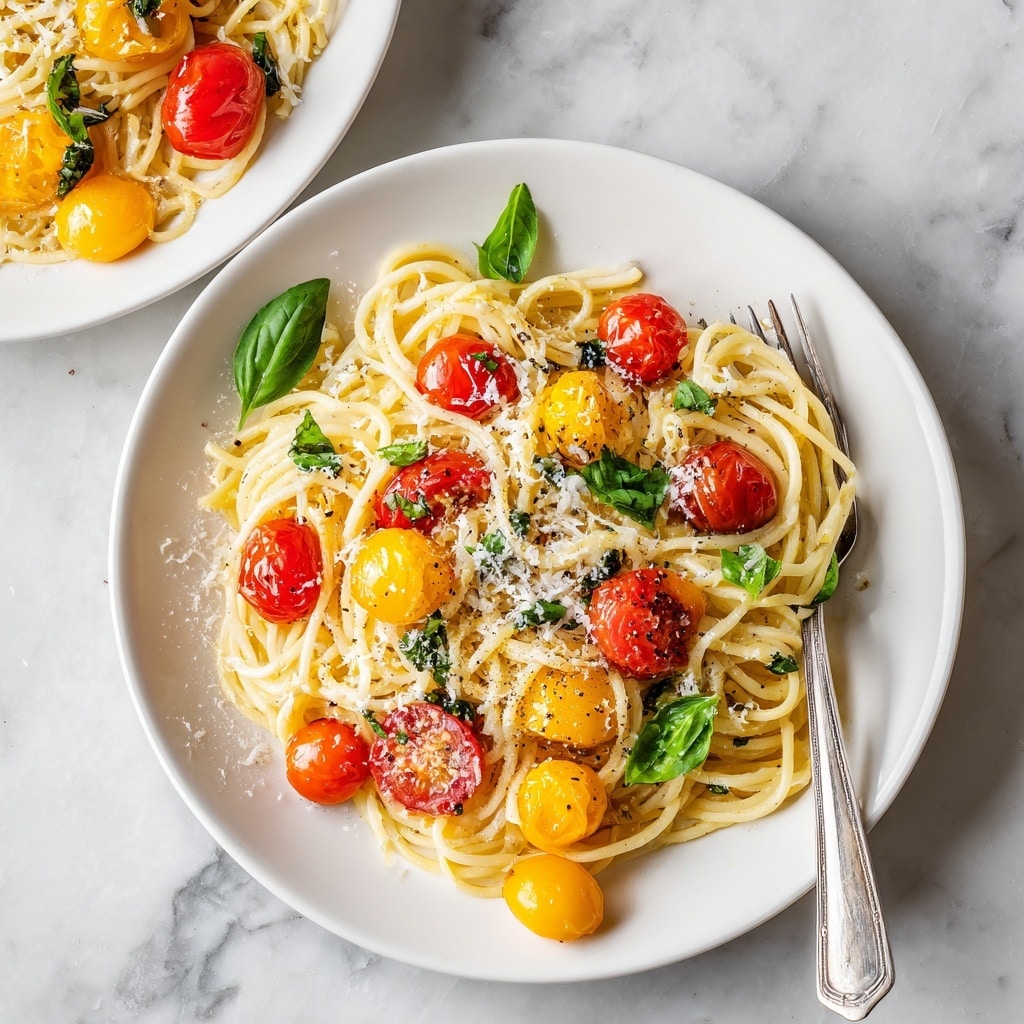 A white plate filled with a layer of long, thin spaghetti noodles that are pale yellow and slightly glossy. Scattered throughout are halved cherry tomatoes in bright red and golden yellow, with fresh green basil leaves placed on top and mixed in. The dish is sprinkled lightly with finely grated white cheese and black pepper, adding a bit of texture and contrast. A silver fork rests on the edge of the plate. The background features a white marbled surface. photo taken with an iphone --ar 4:5 --v 7