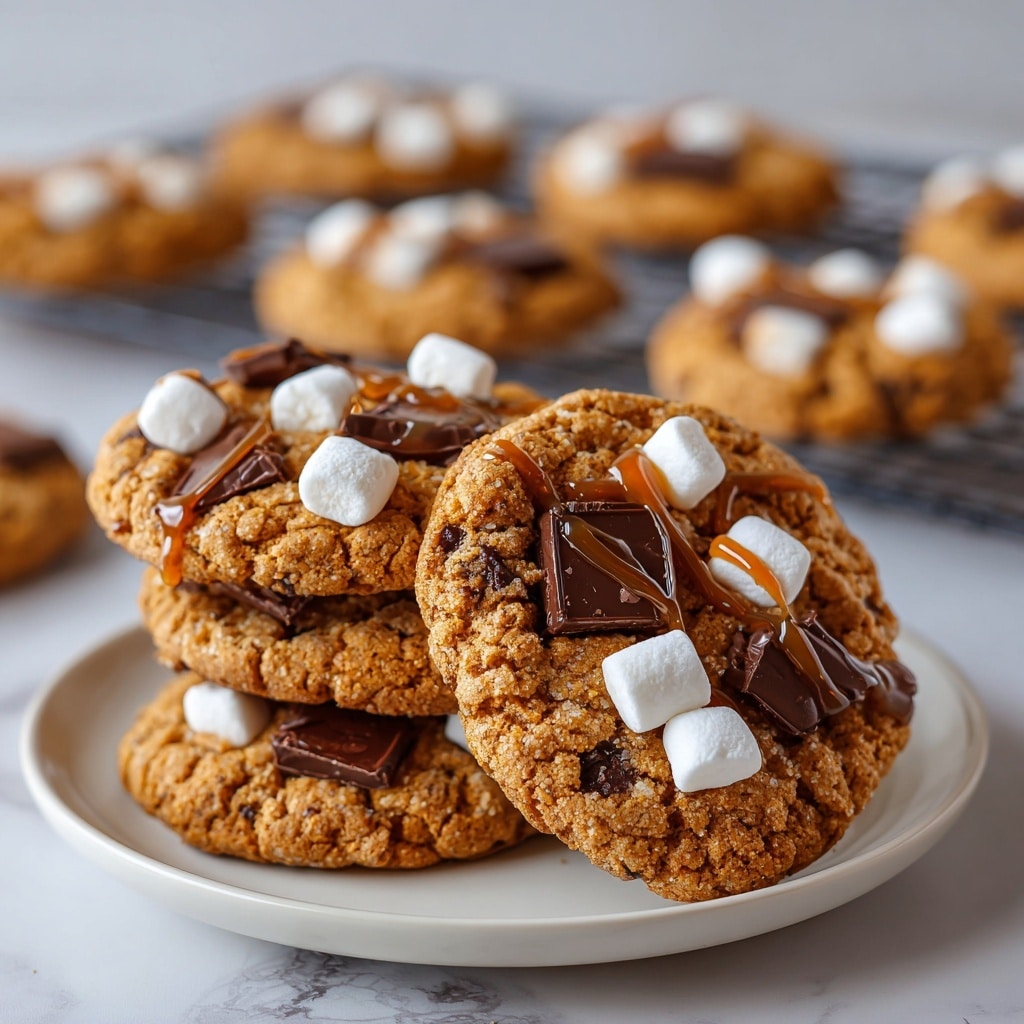 The image shows a group of round cookies with a rough, cracked texture, each topped with a layer of white melted marshmallow and a drizzle of smooth, glossy caramel sauce. The cookies are medium brown with a crunchy outer layer and slightly soft center. They are placed closely together on a black wire cooling rack, which sits on a white marbled surface. The cookie tops have irregular shapes and the caramel gently drips over the marshmallows, creating a contrast of light and dark brown shades. Photo taken with an iphone --ar 4:5 --v 7