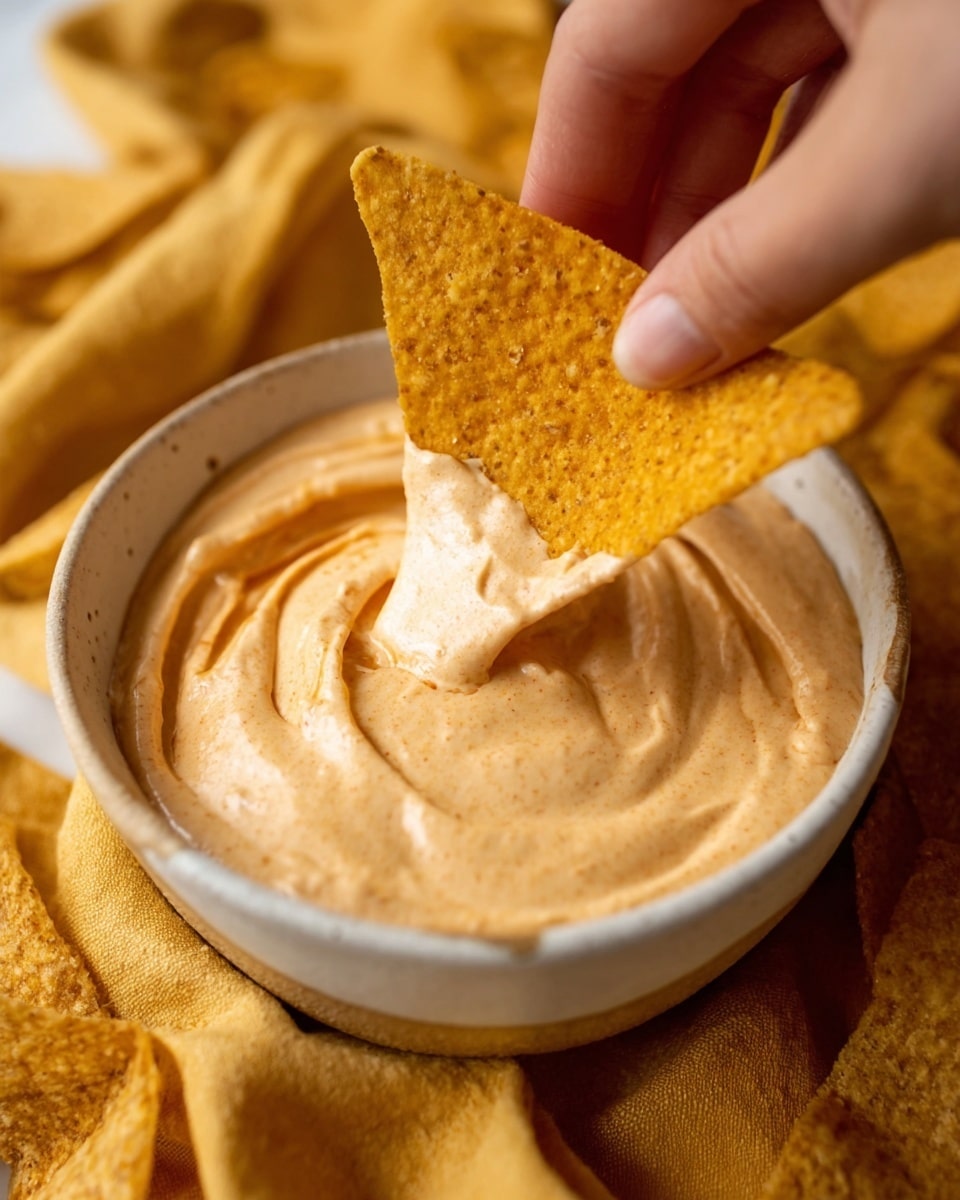A white bowl with gold patterns is filled with creamy, smooth, light orange cheese dip that has tiny red specks, creating a soft swirled texture on top; the bowl sits on a wooden tray surrounded by many light yellow, crispy tortilla chips that have a rough surface, with one chip partially dipped into the cheese dip. The background shows a white marbled texture. photo taken with an iphone --ar 4:5 --v 7