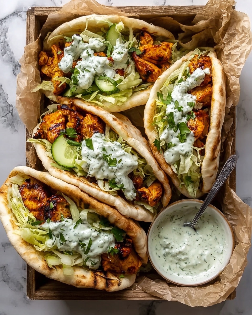 Three pita bread wraps are filled with layers of grilled, orange-brown, slightly charred chicken pieces at the bottom, topped with shredded pale green lettuce and slices of light green cucumber. A creamy white sauce with green herbs is drizzled over the top, with extra sauce in a small white bowl beside the wraps along with a silver spoon resting in it. The wraps are placed on crumpled brown parchment paper inside a wooden box on a white marbled surface. Photo taken with an iphone --ar 4:5 --v 7