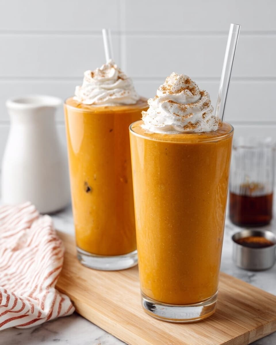 The image shows two tall clear glasses filled with a thick, smooth orange smoothie that has small dark bits inside. Each glass is topped with a swirl of white whipped cream sprinkled lightly with brown powder. Clear straws are placed in each glass. The glasses sit on a light wooden board placed on a white marbled surface. In the background, there is a small white jar and a small metal measuring cup with a dark liquid inside, along with a white cloth with red stripes. The overall scene looks clean and bright with a soft natural light. photo taken with an iphone --ar 4:5 --v 7