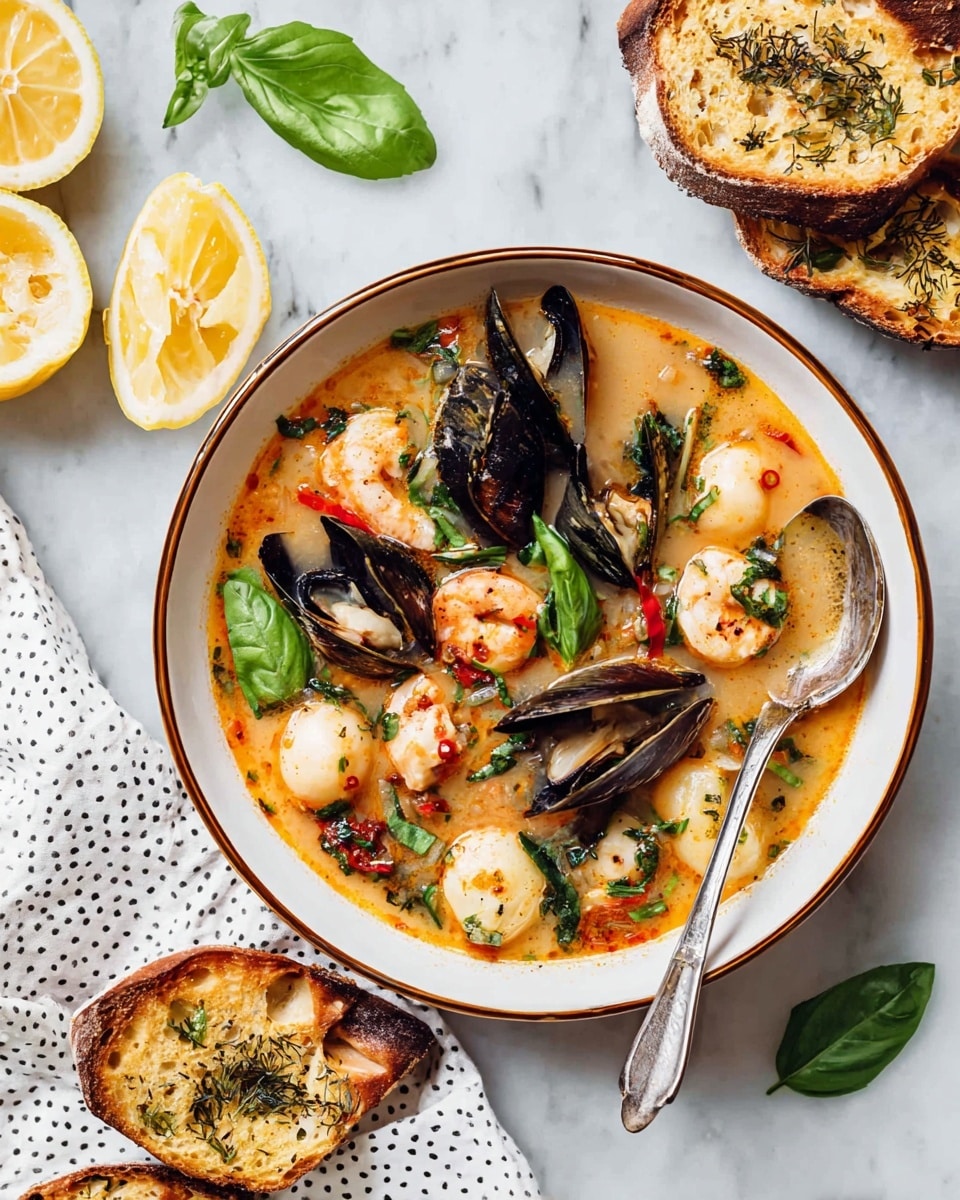 A white bowl filled with a seafood soup showing several layers of ingredients: the first layer is a light orange broth with herbs and spices floating inside, the second layer features black mussels with open shells spread throughout, the third layer has pink-orange shrimp and white scallops scattered in the bowl, along with small chunks of red tomatoes, and green chopped herbs sprinkled generously on top; a toasted piece of bread with herbs is placed on the side inside the bowl, and a silver spoon rests at the bottom right side, partially scooping some broth. The bowl sits on a white marbled surface with a few green basil leaves nearby. Photo taken with an iphone --ar 4:5 --v 7