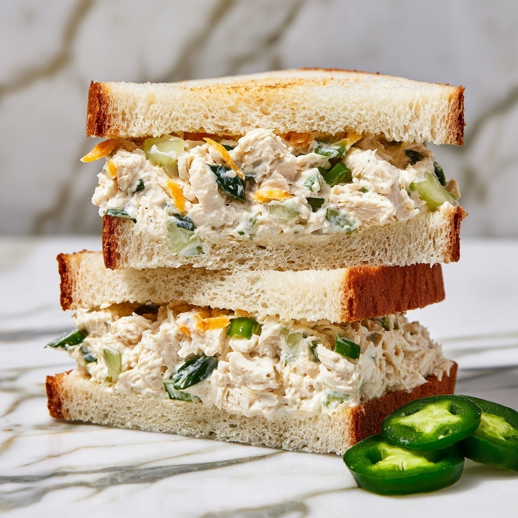 A white bowl filled with a mixed salad consisting of several layers: shredded light-colored chicken pieces, small bright green chopped celery, thin orange shredded cheese, creamy white dressing coating the ingredients, and scattered crispy small reddish-brown bacon pieces on top. Around the bowl are fresh green cilantro leaves, dark green whole jalapeños, a halved lime with bright green inside, and a jar with a creamy white sauce. The dish is placed on a white marbled textured surface. Photo taken with an iphone --ar 4:5 --v 7