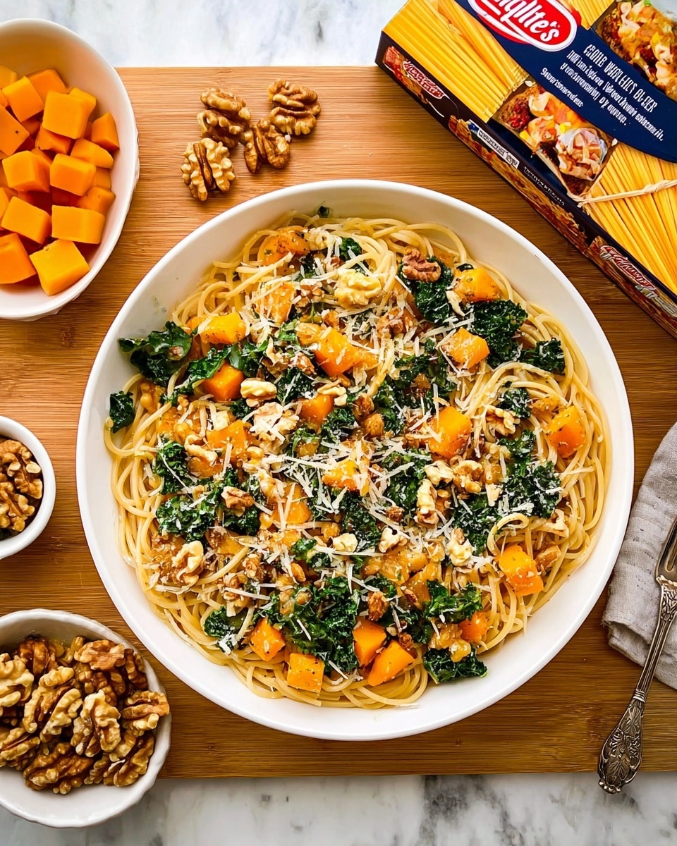 A white bowl filled with spaghetti mixed with small orange cubes of butternut squash, dark green kale leaves, and chopped walnuts. The pasta is lightly coated with grated cheese, and the ingredients are evenly spread, showing a mix of textures – soft noodles, crunchy nuts, and leafy greens. Around the bowl, there are small white dishes with walnuts, a wooden board with more cubed orange squash, and an open box of Mueller’s spaghetti. The whole setup is placed on a white marbled texture. Photo taken with an iphone --ar 4:5 --v 7