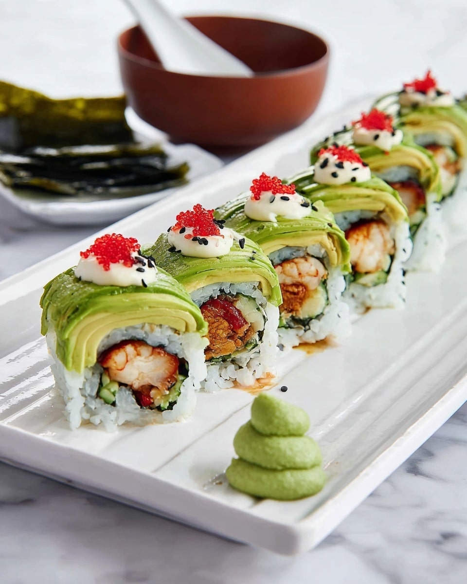 A white rectangular plate holds six pieces of sushi rolls aligned in a row. Each roll has a base layer of sticky white rice wrapped around a layer of dark green seaweed, with a golden-brown tempura shrimp and some red fish roe inside. On top, the rolls are covered by thin overlapping slices of light green avocado. Each piece is garnished with a small dollop of creamy white sauce and a tiny mound of bright red fish roe, with black sesame seeds sprinkled lightly on the avocado. A small green mound of wasabi is placed at the front corner of the plate. In the background on a white marbled surface, there is a brown bowl with a white spoon inside and some sheets of dark green seaweed. Photo taken with an iphone --ar 4:5 --v 7