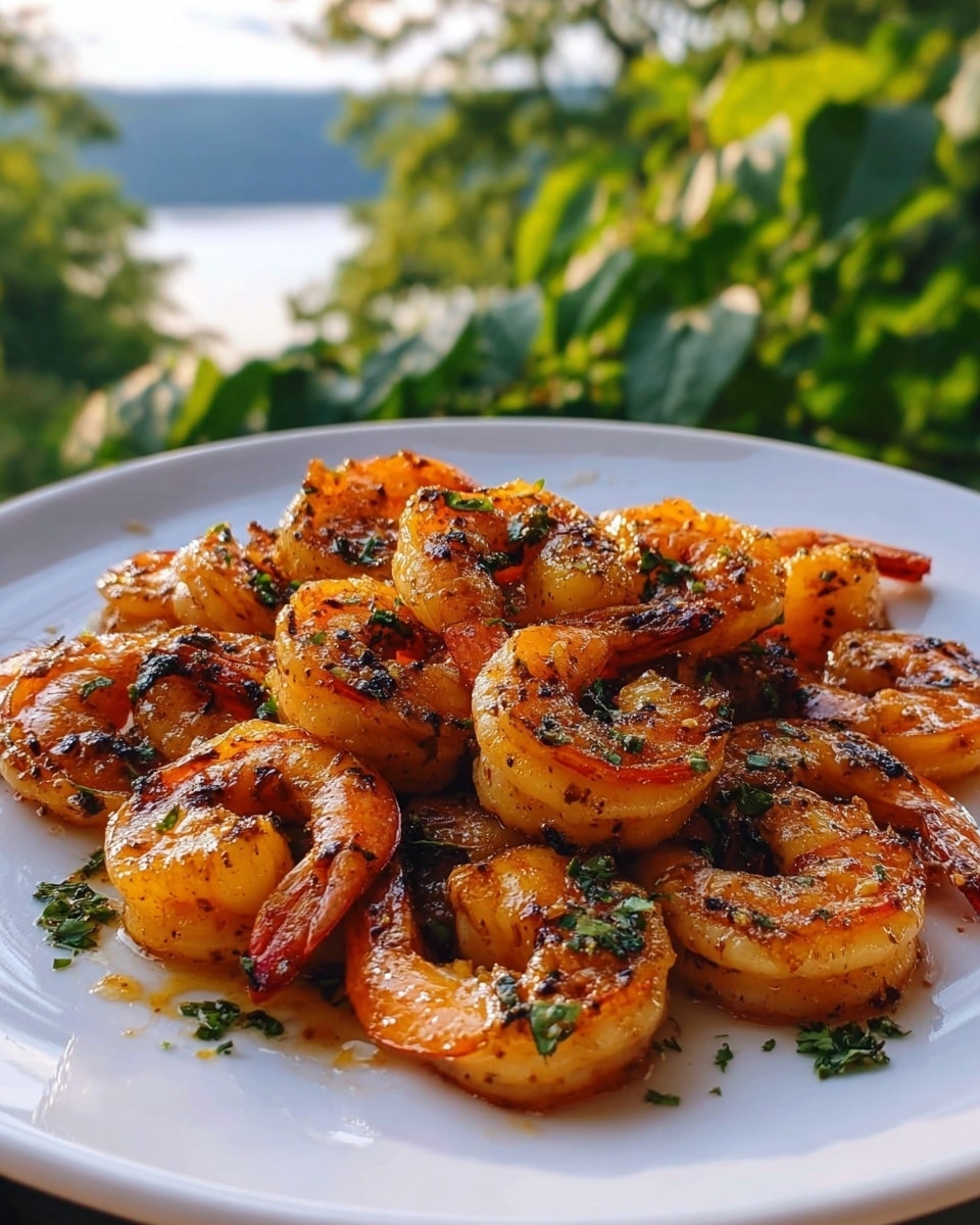 The image shows a close-up of cooked shrimp in a pan, with each shrimp coated in a shiny, rich orange sauce that looks slightly oily. The shrimp are plump and curled, with small bits of green herbs sprinkled evenly on top for a fresh look. The sauce pools around the shrimp, creating a glossy layer that enhances their color. The pan surface can be seen at the edges, and the background has a white marbled texture. photo taken with an iphone --ar 4:5 --v 7
