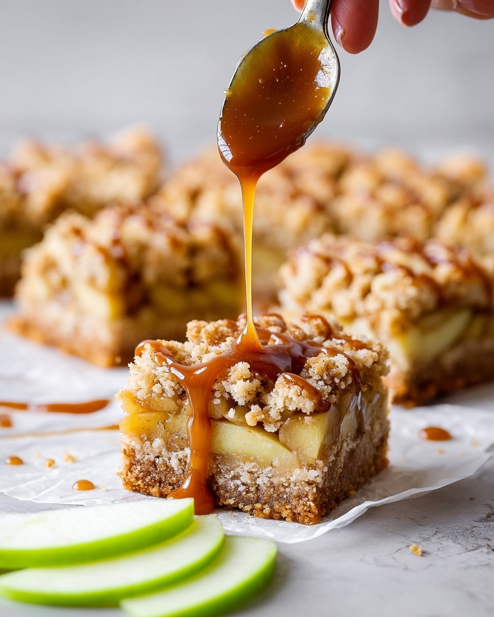 The image shows a square piece of apple crumble bar with three visible layers: the bottom layer is a light brown, crumbly crust; the middle layer consists of cooked apple chunks mixed with a cinnamon-spiced filling in a warm brown color; the top layer is a crumbly, golden-brown streusel. Caramel sauce is being drizzled over the top by a spoon held by a woman's hand, with thick, shiny caramel flowing down the crumble. In the foreground, there are thin slices of green apple on the left, and the bars are resting on white parchment paper over a white marbled surface. Photo taken with an iphone --ar 4:5 --v 7