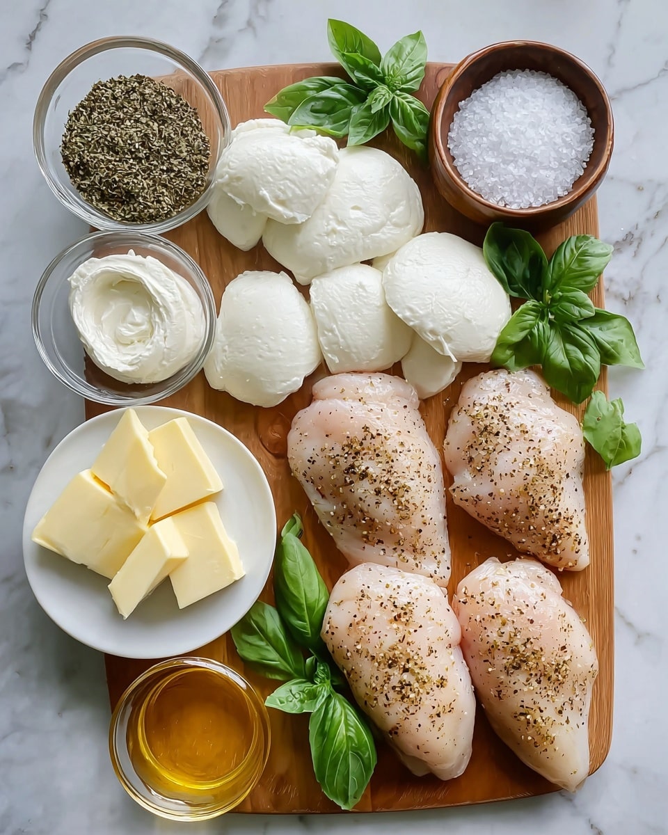 A wooden board on a white marbled surface holds five pieces of raw chicken breast seasoned with black pepper, arranged in two rows at the bottom right. Above the chicken are five pieces of fresh white mozzarella cheese, unevenly shaped and soft in texture. Around the board, fresh green basil leaves are scattered, adding bright color. To the top left, a white bowl filled with a dark coarse spice mixture sits next to a small brown bowl containing smooth white cream cheese. Below them, a white plate holds several yellow butter slices. At the bottom left corner, a clear glass cup contains golden honey. On the top right, a small brown bowl is filled with coarse white salt. photo taken with an iphone --ar 4:5 --v 7