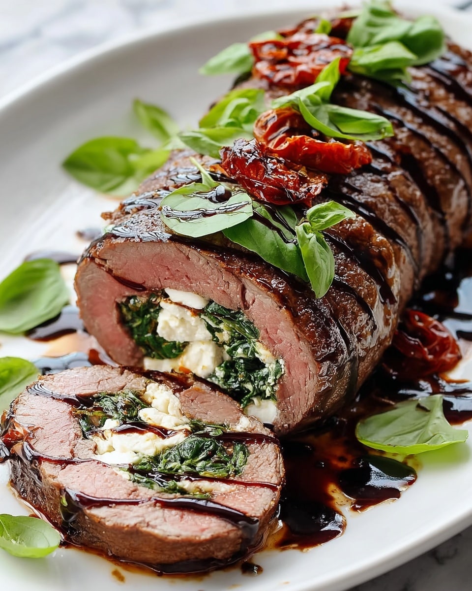 The image shows a rolled beef dish sliced to reveal inside layers: a pinkish-brown outer layer of tender cooked beef, filled with bright green spinach leaves, creamy white cheese, and dark red sun-dried tomatoes. The top of the beef roll is decorated with shiny, dark balsamic glaze drizzled in lines across its surface, along with fresh bright green basil leaves and a few pieces of sun-dried tomatoes. The dish is served on a white plate with a few scattered basil leaves around it, placed on a white marbled surface. photo taken with an iphone --ar 4:5 --v 7
