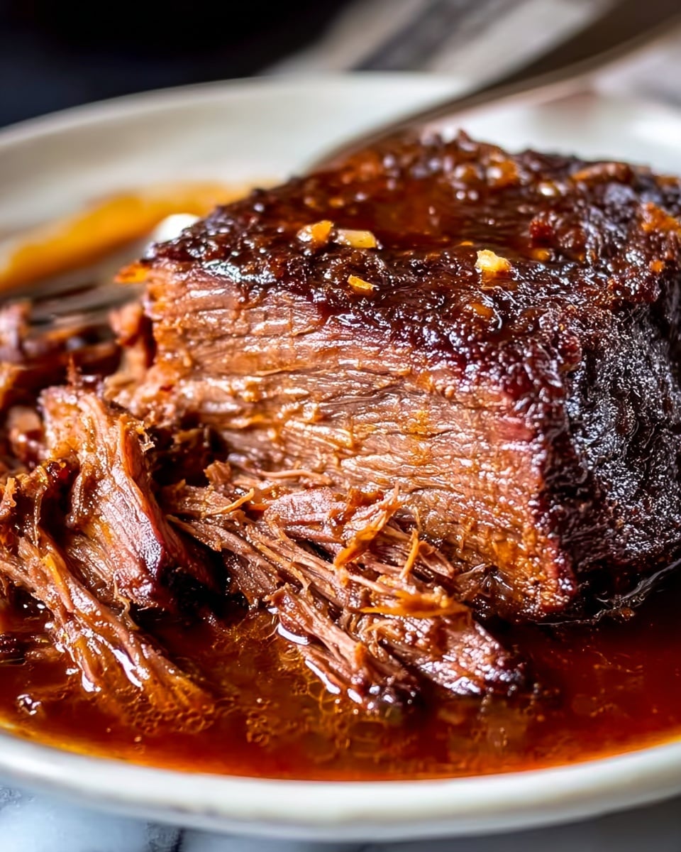A close-up of a round white plate filled with a large piece of slow-cooked meat covered in a thick, dark brown sauce with a glossy texture and small bits of caramelized onions. The meat is shredded on one side, showing a tender, fibrous texture and juicy inside with a rich brown color. Several fresh green rosemary sprigs lie on top of the meat, adding a bright contrast. The plate is set on a white marbled surface, and the background is softly blurred with hints of natural light. Photo taken with an iphone --ar 4:5 --v 7