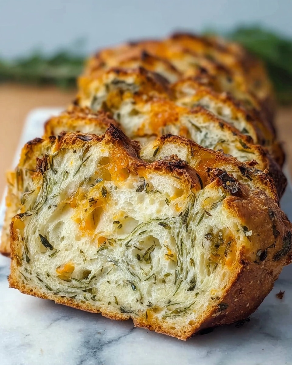 The image shows a loaf of sliced bread with a golden crust, placed on a round wooden board. The bread has a soft, light interior with small green herb pieces spread evenly throughout. Three slices are laid out in front of the remaining loaf, showing the bread's airy texture and speckled herb layers inside. The board sits on a white marbled surface, and near the board are small bowls with black and white peppercorns, a pepper mill, and some scattered pepper seeds. A woman's hand is reaching slightly toward the bread. Photo taken with an iphone --ar 4:5 --v 7