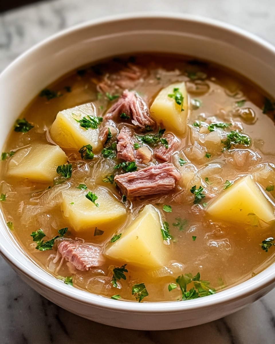 A white bowl filled with a hearty soup that has about three layers visible: a clear, light brown broth as the base, medium-sized chunks of pale yellow potatoes scattered throughout, and pieces of tender, pinkish cooked meat. The soup also contains small bits of translucent onions mixed in, with green herb garnishes sprinkled on top for color. The bowl sits on a white marbled surface, and the photo is focused closely on the soup showing the textures of the ingredients clearly. photo taken with an iphone --ar 4:5 --v 7