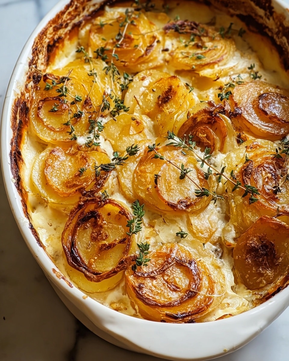 A white rectangular baking dish filled with a layered potato casserole, showing about four layers of thin potato slices browned on top with crispy edges. The potatoes have a golden yellow and light brown color with some darker caramelized spots. Thin slices of browned onions are scattered on top, along with small sprigs of fresh thyme and specks of black pepper. The dish sits on a wooden board on top of a white marbled surface, next to a wooden spoon with some thyme leaves on it. photo taken with an iphone --ar 4:5 --v 7