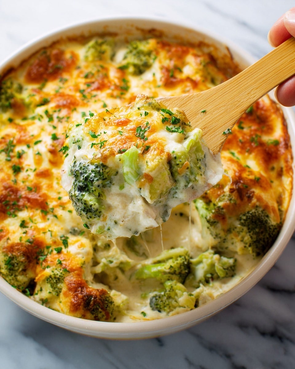 The image shows a clear glass baking dish filled with a baked casserole that has three visible layers. The bottom layer consists of bite-sized pieces of cooked chicken, mixed with small broccoli florets that add green color. The middle layer is creamy white sauce that looks smooth and thick. The top layer is a golden-brown melted cheese crust with small browned spots and scattered fresh green parsley leaves for garnish. The casserole is placed on a white marbled surface. Photo taken with an iphone --ar 4:5 --v 7