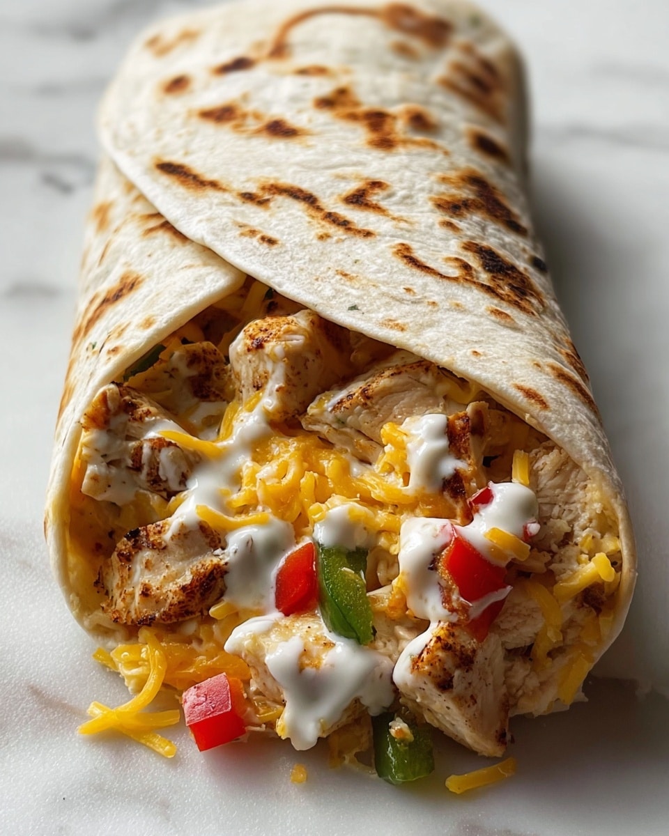 A close-up of a folded tortilla wrap on a white marbled surface, showing three main layers inside: the bottom layer is pieces of cooked chicken with a light brown color and a slightly grilled texture; above it, there are scattered small pieces of red and green bell peppers with a fresh, crunchy look; the top layer is melted yellow cheddar cheese mixed with white creamy sauce drizzled evenly. The tortilla itself is light beige with dark brown char marks and soft, slightly folded edges, with some ingredients visible spilling out from the open side. Photo taken with an iphone --ar 4:5 --v 7