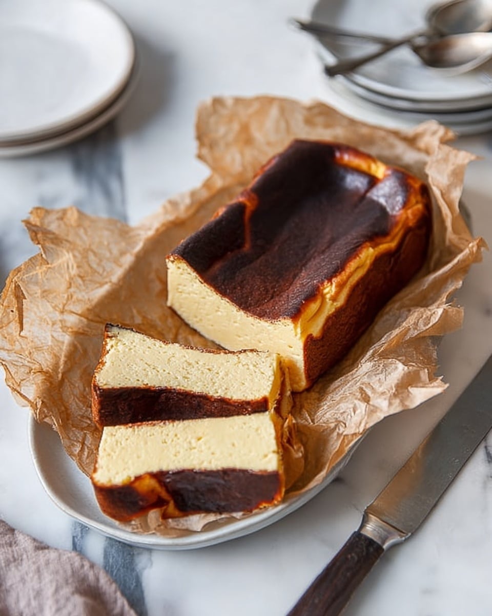 A thick slice of cheesecake with a dark brown crust on top and a light creamy inside sits on a white plate. The cheesecake looks soft and smooth with some cracks in the center. To the right of the plate is a small clear bowl filled with bright red raspberries. In the top left corner, part of the rest of the cheesecake is visible on a wooden cutting board with a silver knife next to it. A silver fork just touches the edge of the plate at the bottom right. The whole scene is set on a white marbled surface with a light beige cloth partially shown near the bowl. Photo taken with an iphone --ar 4:5 --v 7