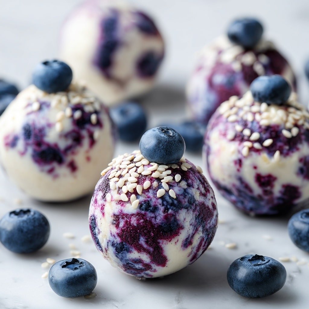 The image shows several small round purple berry-flavored balls with visible blueberry pieces inside. Each ball has a smooth, creamy texture with a slightly glossy surface. On top of each ball, there is one fresh blueberry and light white sesame seeds sprinkled around the top area. The balls are placed on a white marbled surface with additional loose blueberries scattered around them. The whole scene appears bright and fresh, with a clean and simple look. Photo taken with an iphone --ar 4:5 --v 7