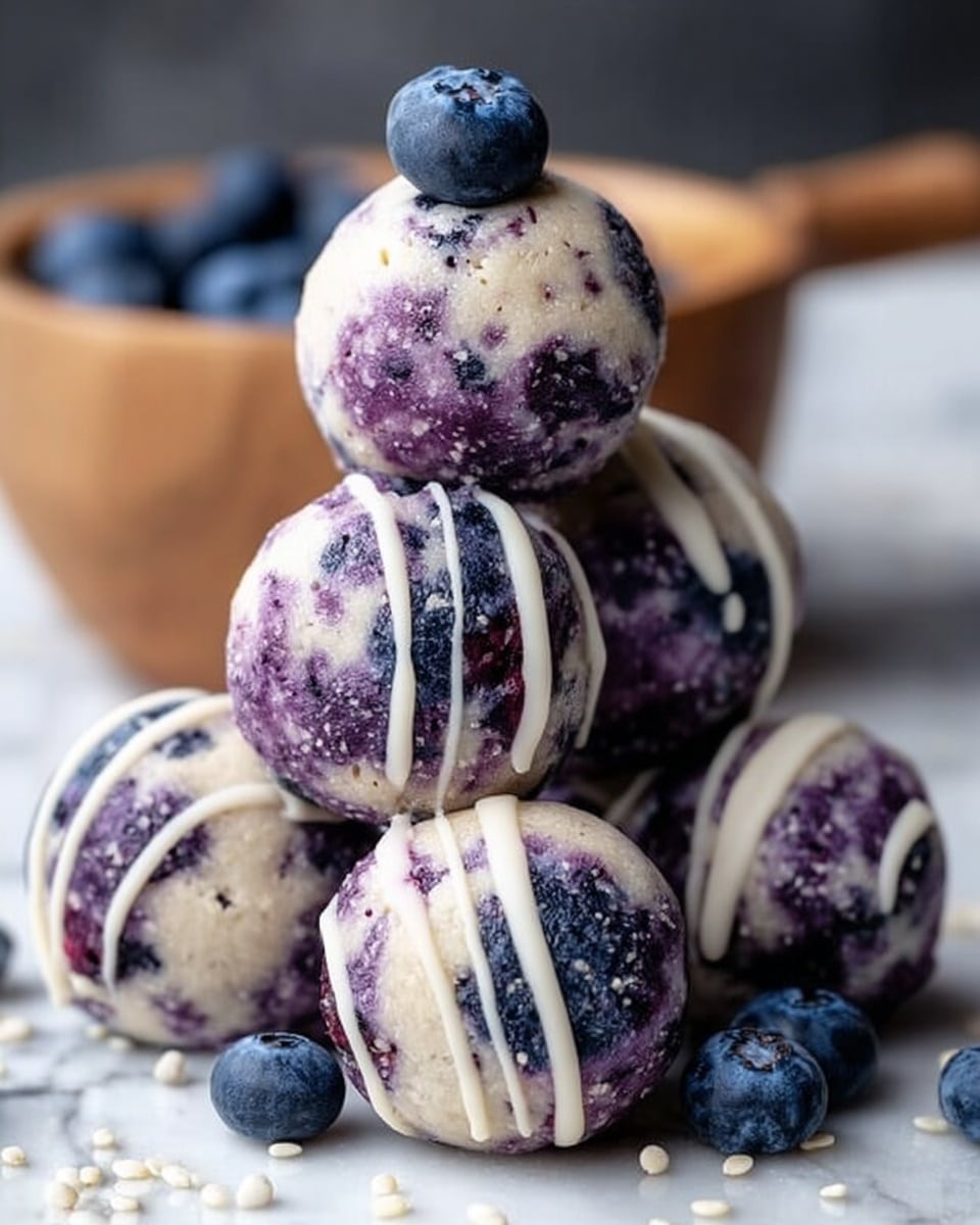 The image shows a close-up of five round dessert balls stacked in a small pyramid on a white marbled surface. Each ball has a mix of white and deep purple colors, with a slightly rough texture showing bits of blueberry inside. Thin white drizzle lines run vertically down each ball, adding a shiny contrast. A fresh whole blueberry sits on top of the top ball and one more on the ball in front. Around the base of the pyramid, extra blueberries and small white seeds are scattered, adding color and texture to the scene. In the background, a wooden bowl holds more blueberries, blurred softly. Photo taken with an iphone --ar 4:5 --v 7