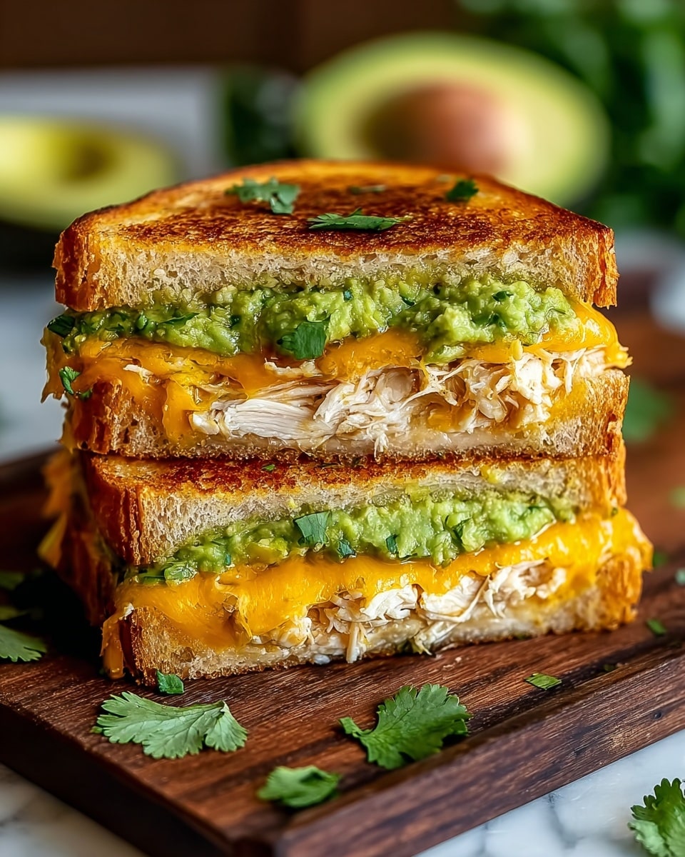 A toasted sandwich cut in half and stacked, showing three main layers between two golden brown slices of bread: the bottom layer is shredded white chicken, the middle layer is melted bright orange cheddar cheese, and the top layer is chunky green guacamole with small pieces of cilantro. The sandwich has crispy edges and is garnished with a few cilantro leaves on top and around it, placed on a dark wooden board with a blurred avocado half in the background, all set on a white marbled surface. photo taken with an iphone --ar 4:5 --v 7