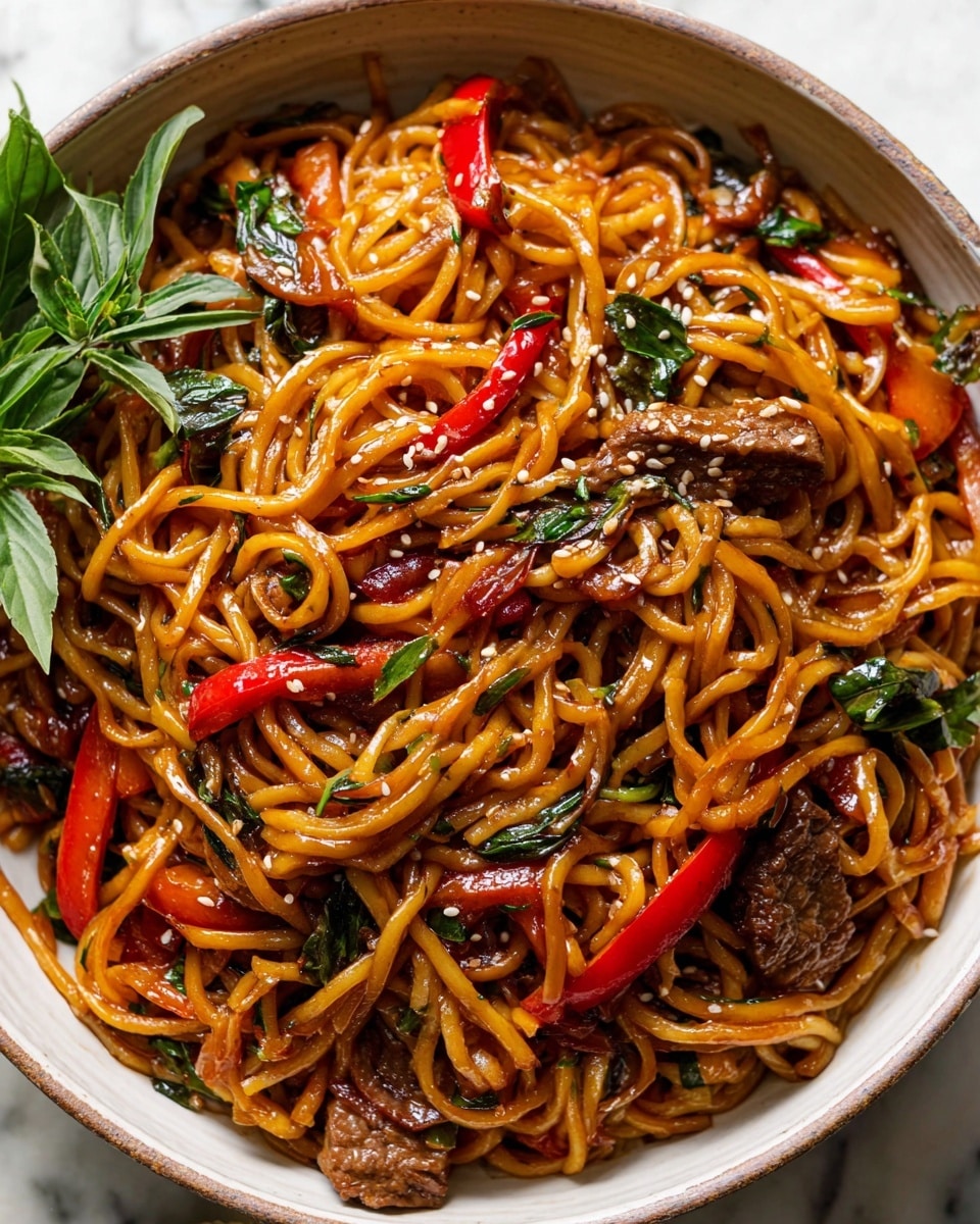 A bowl filled with stir-fried noodles forms the base layer, showing shiny brown noodles that are twisted and mixed well. Scattered through the noodles are bright red slices of bell pepper and small pieces of cooked brown meat, adding texture and color. Mixed with these are leafy green herbs and a few sesame seeds scattered on top, giving extra detail and freshness. A pair of dark wooden chopsticks is lifting some noodles from the right side of the bowl, adding a dynamic element to the image. The bowl is set on a white marbled surface with a small white plate holding fresh green herbs in the background. Photo taken with an iphone --ar 4:5 --v 7