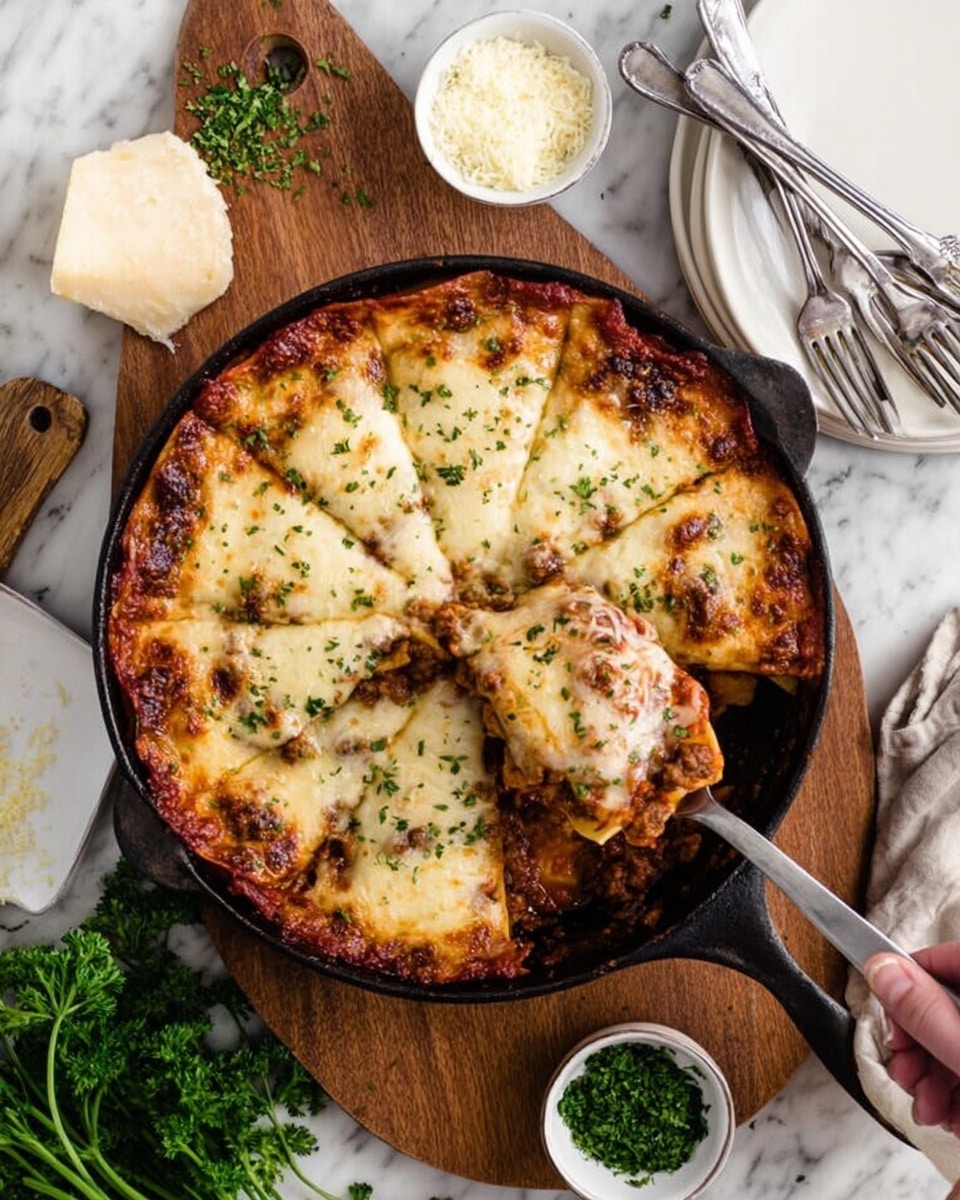 A round cast iron skillet on a wooden board holds a layered baked dish cut into eight slices. The top layer is golden brown melted cheese with some browned spots, sprinkled lightly with chopped green herbs. Underneath the cheese is a thick red sauce layer, suggesting tomato base, and below that, layers of cooked light beige pasta and a darker meat sauce with visible chunks of meat and some green herbs. A spoon is lifting one slice, showing these layers clearly. Around the skillet, there are small white bowls of grated cheese and chopped herbs, a white plate with three forks, and fresh parsley on a white marbled surface. A woman's hand is holding the spoon. Photo taken with an iphone --ar 4:5 --v 7