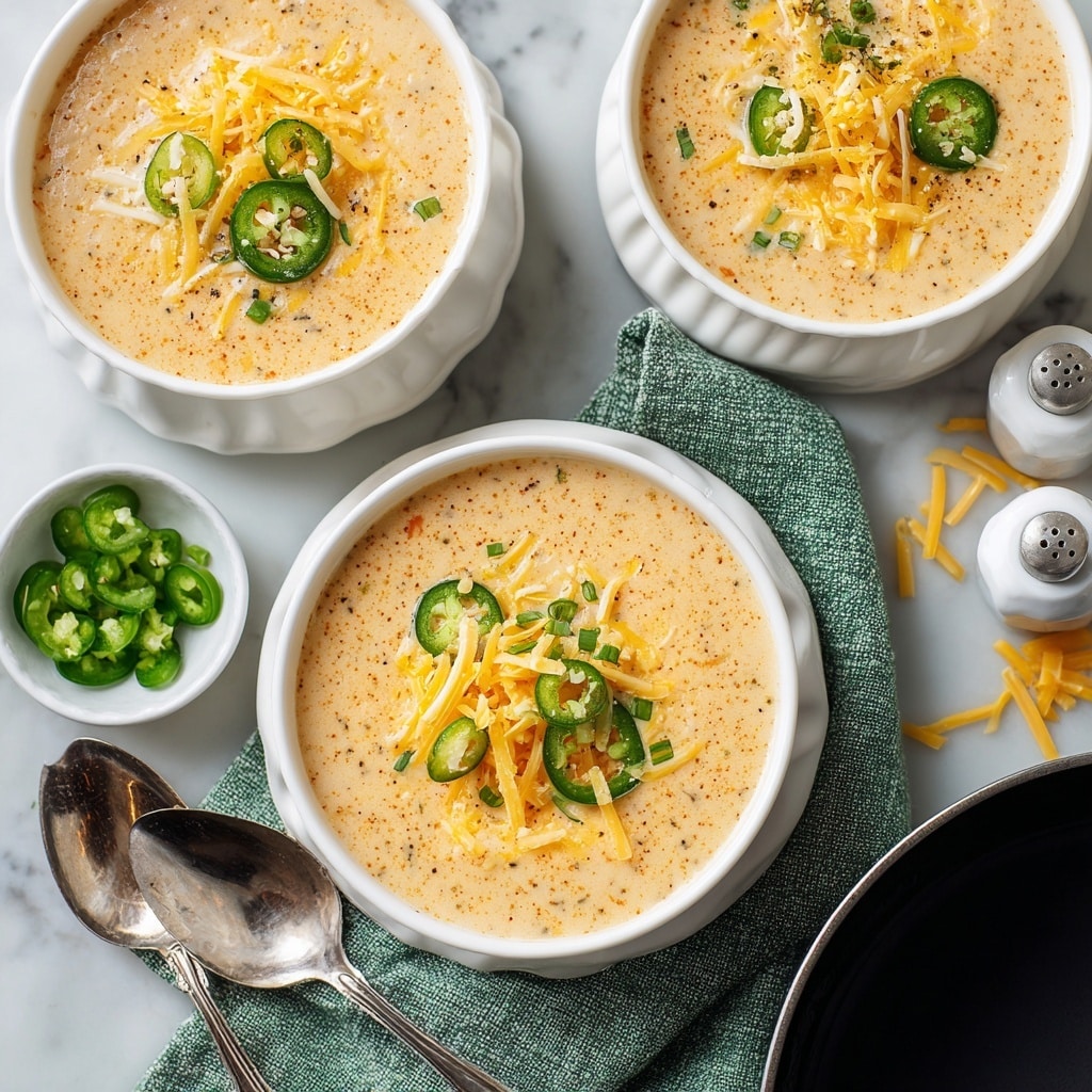 Three white scalloped bowls hold creamy soup with a light orange color as the base layer, topped with small pieces of crispy brown bacon, bright green chopped jalapeños, and a sprinkle of shredded yellow and white cheese. Nearby, a small white bowl with more chopped jalapeños, another with shredded cheese, and white salt and pepper shakers sit on a white marbled surface. Two silver spoons rest on a green textured cloth in the foreground, with a black pot partially visible to the side. Some shredded cheese is scattered around the bowls. Photo taken with an iphone --ar 4:5 --v 7