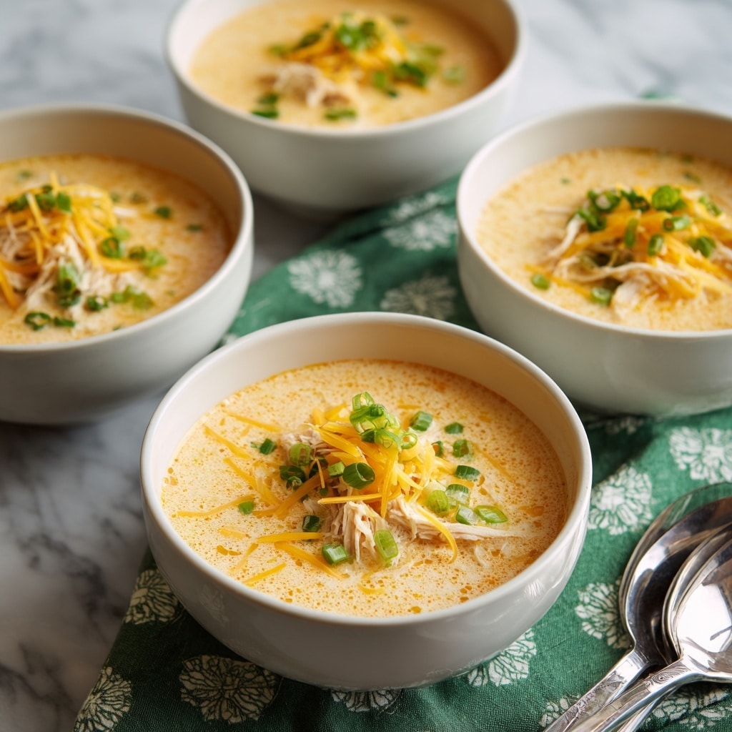 The image shows four white bowls filled with creamy, light orange soup. In the center of each bowl, there is a small pile of shredded cheese in yellow and white, crispy bacon pieces in reddish-brown, and finely chopped green peppers. Small bits of shredded chicken and green pepper float within the soup, which has a smooth and slightly frothy texture. The bowls sit on a white marbled surface, next to a green cloth with white patterns and two silver spoons partially visible at the lower right. photo taken with an iphone --ar 4:5 --v 7