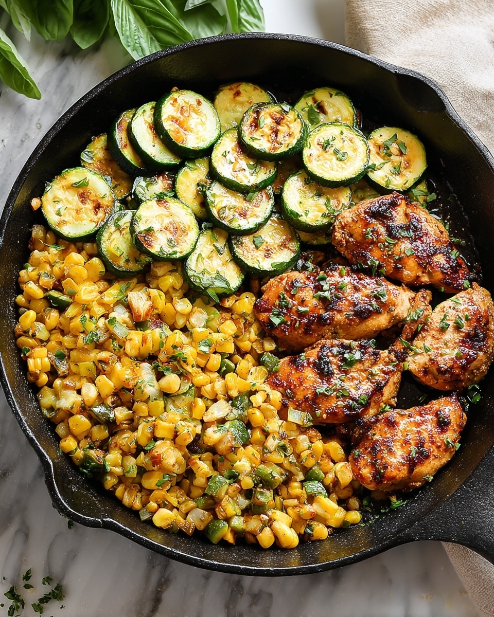 A black cast iron pan is filled with three main layers of food arranged side by side: on the right, four pieces of grilled chicken with a brown, slightly crispy texture and sprinkled with green herbs; above the chicken, a row of grilled zucchini slices, showing light green centers with grill marks and bright green edges; on the left, a mix of yellow corn kernels and chopped zucchini pieces, cooked with a slight char and garnished with chopped herbs, creating a colorful and textured contrast. The pan is set on a white marbled surface with hints of basil leaves nearby. Photo taken with an iphone --ar 4:5 --v 7