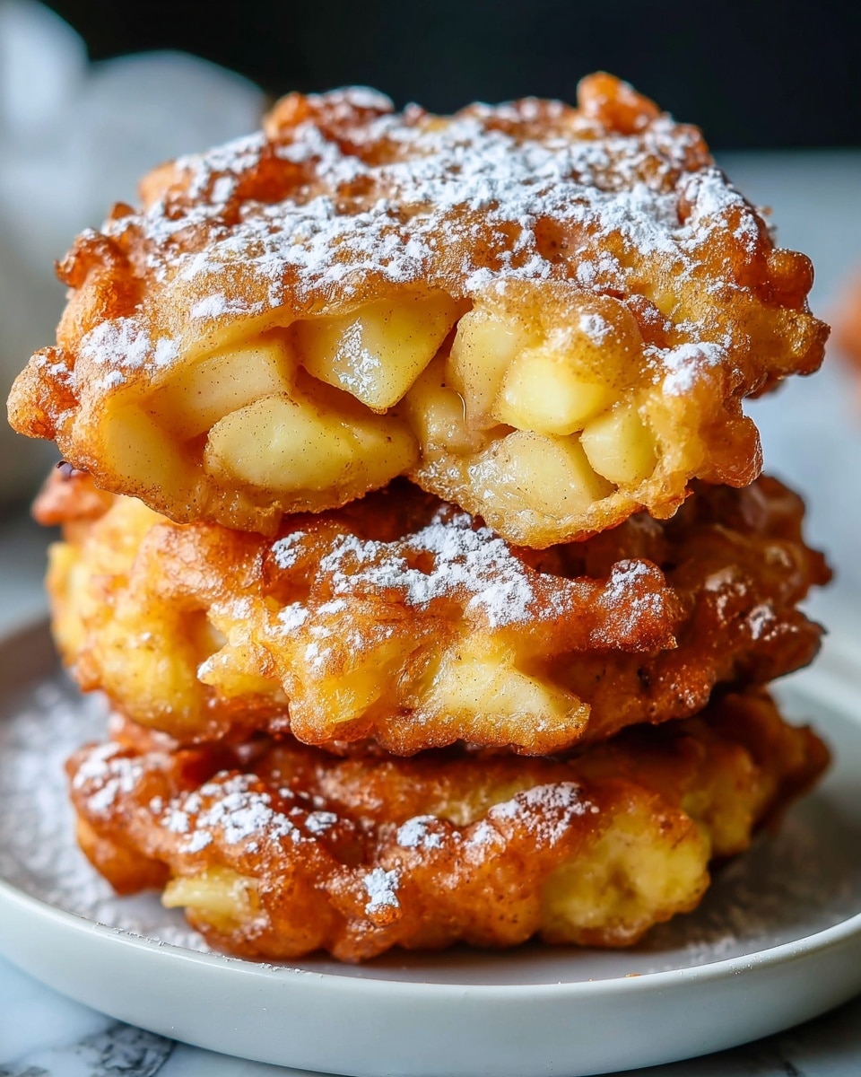 A stack of three apple fritters is shown on a white plate, each fritter golden brown and crispy on the outside, with visible chunks of pale yellow apple embedded throughout. The fritters have a rough, uneven texture and are dusted with a light layer of white powdered sugar on top, adding a soft contrast to the warm tones. The fritters rest on one another, creating a small tower with the top fritter slightly tilted forward, highlighting the soft interior and cinnamon-speckled apple pieces. The background is a white marbled texture, softly blurred to keep focus on the fritters. Photo taken with an iphone --ar 4:5 --v 7