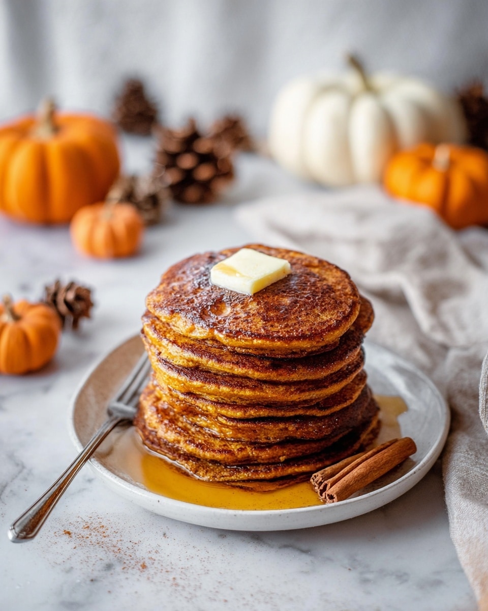 A stack of six thick, golden-brown pancakes sits at the center of a white plate, with a square pat of melting butter on the top pancake. Maple syrup pools around the base of the stack, adding a shiny amber glow. The pancakes have a slightly rough texture, showing small bubbles and darker spots, indicating a rich, cooked surface. To the left of the plate rests a silver fork. The scene is placed on a white marbled surface, accented with small orange pumpkins and cinnamon sticks in the foreground and blurred pinecones and a white pumpkin in the background, giving a cozy autumn feel. photo taken with an iphone --ar 4:5 --v 7