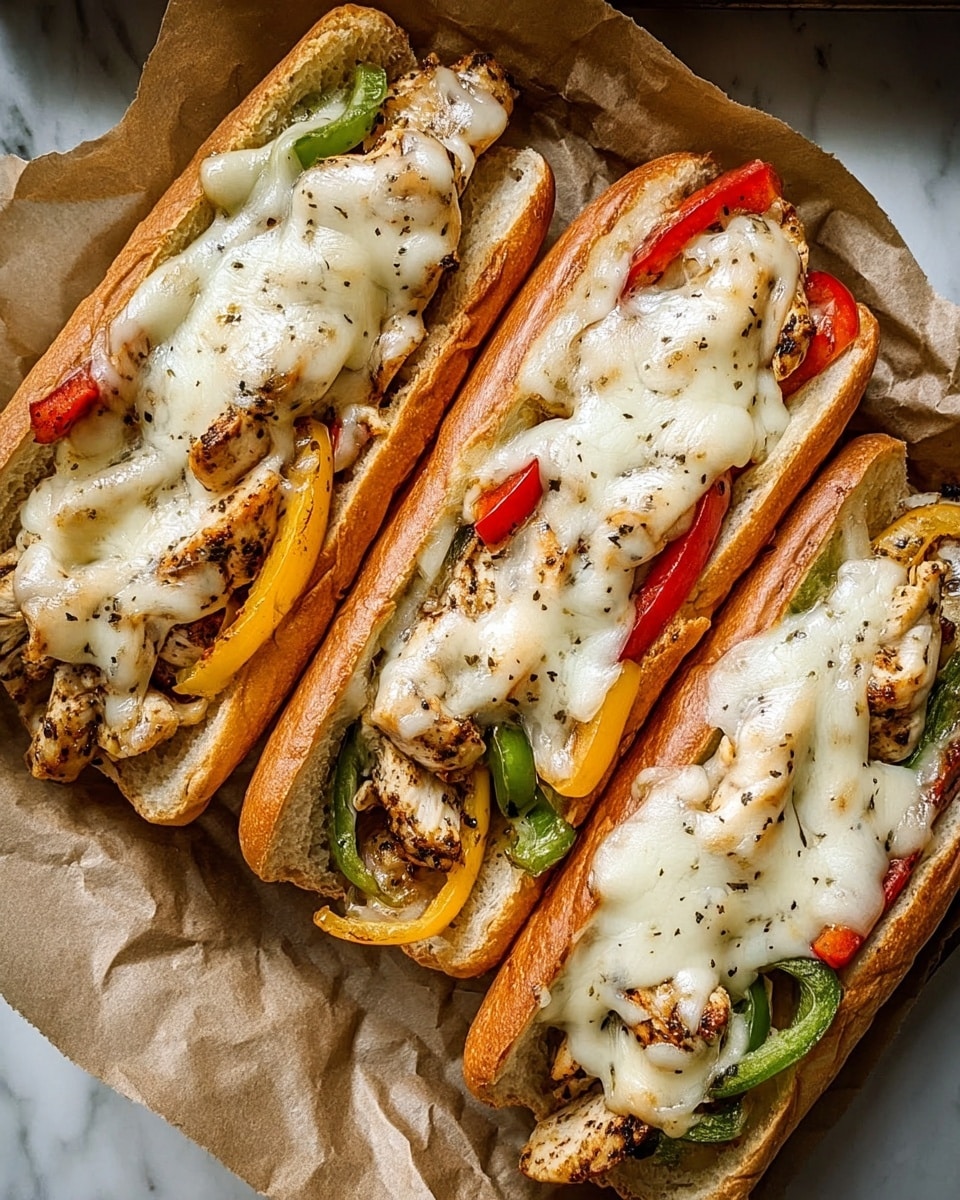 Two long white sandwich buns are filled with several layers: at the bottom, there are cooked strips of light brown grilled chicken mixed with soft, slightly charred red bell pepper slices and translucent cooked onions. On top of the chicken and vegetables, there is a layer of melted pale yellow cheese that has a smooth, gooey texture with small green herb bits sprinkled over it. The sandwiches sit inside a dark tray with white parchment paper underneath, placed on a white marbled surface. Photo taken with an iphone --ar 4:5 --v 7