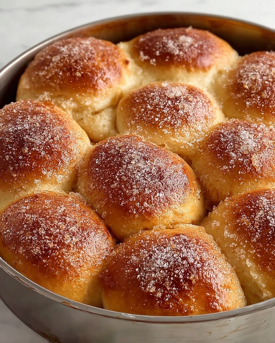 The image shows a round baking pan filled with nine golden-brown baked rolls that are closely packed together. Each roll has a slightly domed top with a crispy texture, sprinkled lightly with fine white sugar or powdered sugar, giving a sparkling effect. The rolls have a soft, fluffy appearance with a shiny glaze on their surface, while the edges where the rolls touch are softer and lighter in color. The pan itself is metal, with a well-used look, and sits on a white marbled surface. photo taken with an iphone --ar 4:5 --v 7