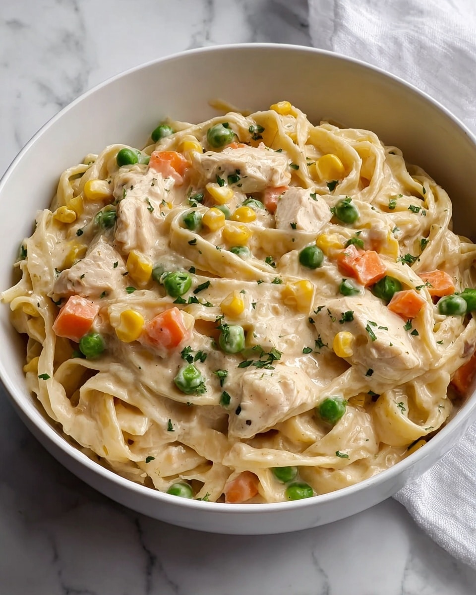 A white bowl filled with creamy pasta layers coated in a smooth, light beige sauce, with thick, flat noodles mixed with chunks of white chicken pieces. Scattered throughout are vibrant green peas, bright orange carrot cubes, and yellow corn kernels, adding a colorful touch. Small green herb bits are sprinkled across the dish, blending into the sauce and giving a fresh look. The bowl sits on a white marbled surface with a white cloth partially visible near the top edge of the image. photo taken with an iphone --ar 4:5 --v 7