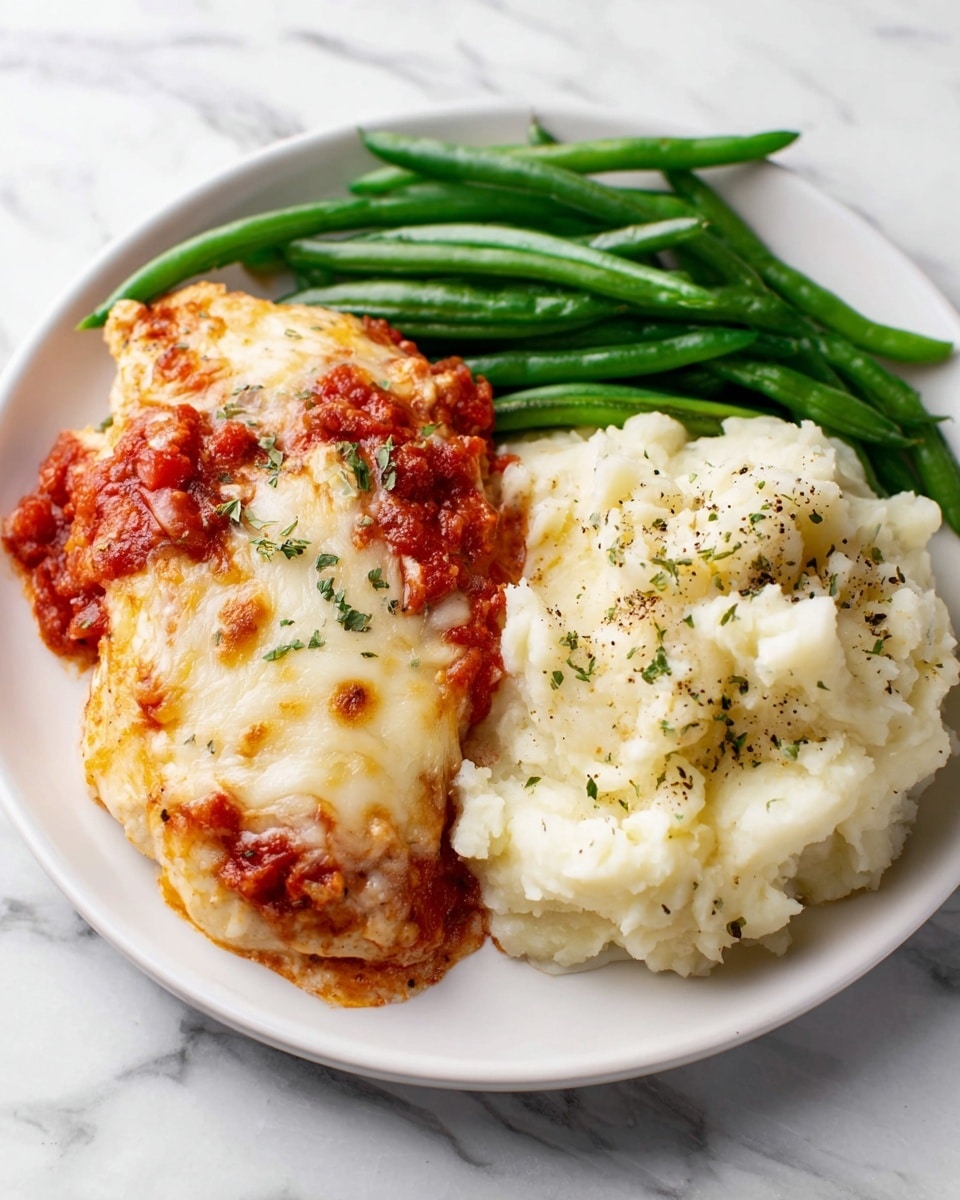This image shows a white baking dish filled with several pieces of baked chicken covered with melted golden cheese that bubbles on top. Underneath the cheese, there is a bright red chunky tomato sauce that spreads evenly around and beneath each piece of chicken. The chicken itself is partly visible under the cheese and sauce layers, giving a textured look of crispy browned edges. The dish is sprinkled with finely chopped green herbs, adding a fresh color contrast. On top, there is a small bright green basil sprig placed in the center. The baking dish sits on a clean white marbled surface. photo taken with an iphone --ar 4:5 --v 7