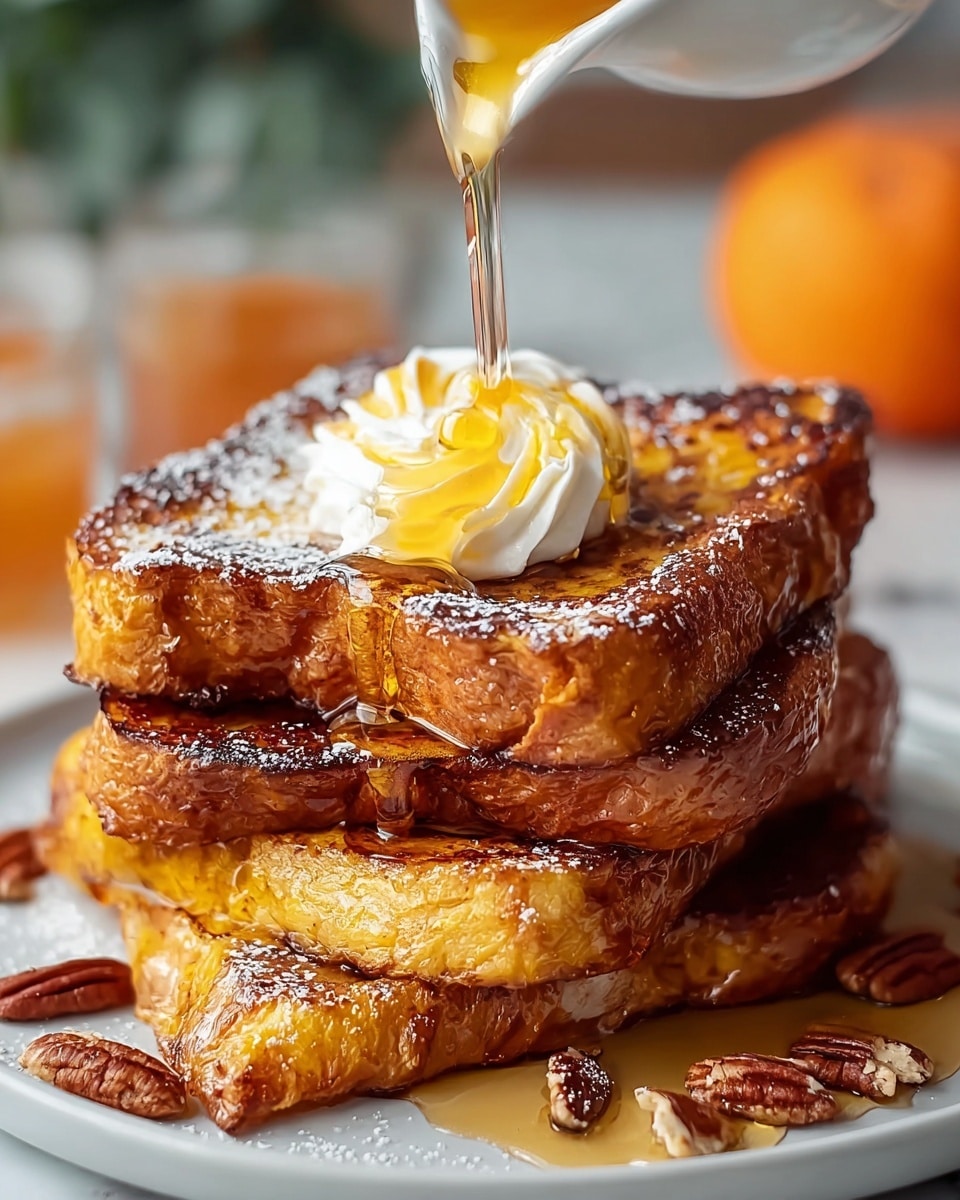 A stack of three thick golden-brown French toast slices sits on a white plate with a soft, slightly crispy texture on the edges and visible eggy inner layers. The top slice has a large dollop of fluffy white whipped cream sprinkled with light brown cinnamon powder. Around the plate, there is a drizzle of golden syrup and a light dusting of powdered sugar, adding a slight sparkle. A silver fork lies on the right side of the plate, resting on the edge. The background features a white marbled texture with an out-of-focus orange pumpkin and a white cup in the distance. photo taken with an iphone --ar 4:5 --v 7