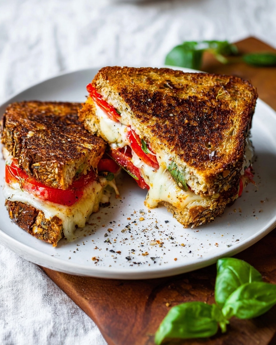 A close-up view of a grilled sandwich cut in half, showing three main layers of toasted bread that is golden brown and crisp with small seeds and grains visible. Between each bread layer, melted white cheese oozes out, dripping down the sides. Bright red slices of tomato and fresh green leaves, possibly spinach or basil, are layered inside, adding vibrant color contrast. The sandwich sits on a simple white plate, placed on a wooden board with some white fabric around. The background is a soft white marbled texture. photo taken with an iphone --ar 4:5 --v 7