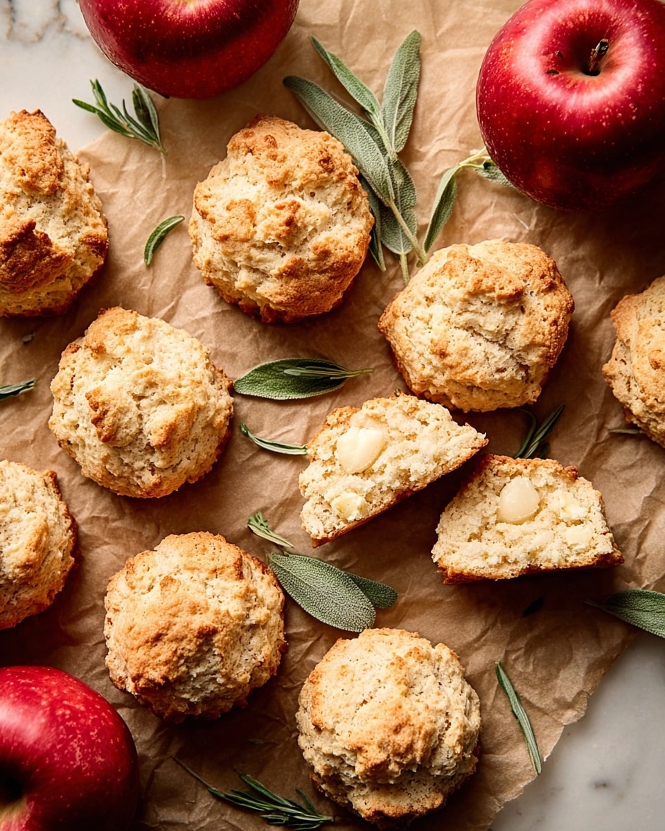 The image shows six golden-brown muffins with a rough, slightly crispy top, sitting in a dark metal muffin tray on a reddish-brown cloth. Behind them, there is a white bowl filled with more muffins, slightly blurred, and a wire basket holding bright red apples. The scene is set on a white marbled surface with some dried yellow decorative plants on the left. A small sprig of green herb is placed near the muffins in the tray. In the front right corner, part of a yellow food package is visible. The lighting is soft, highlighting the texture of the muffins. Photo taken with an iphone --ar 4:5 --v 7