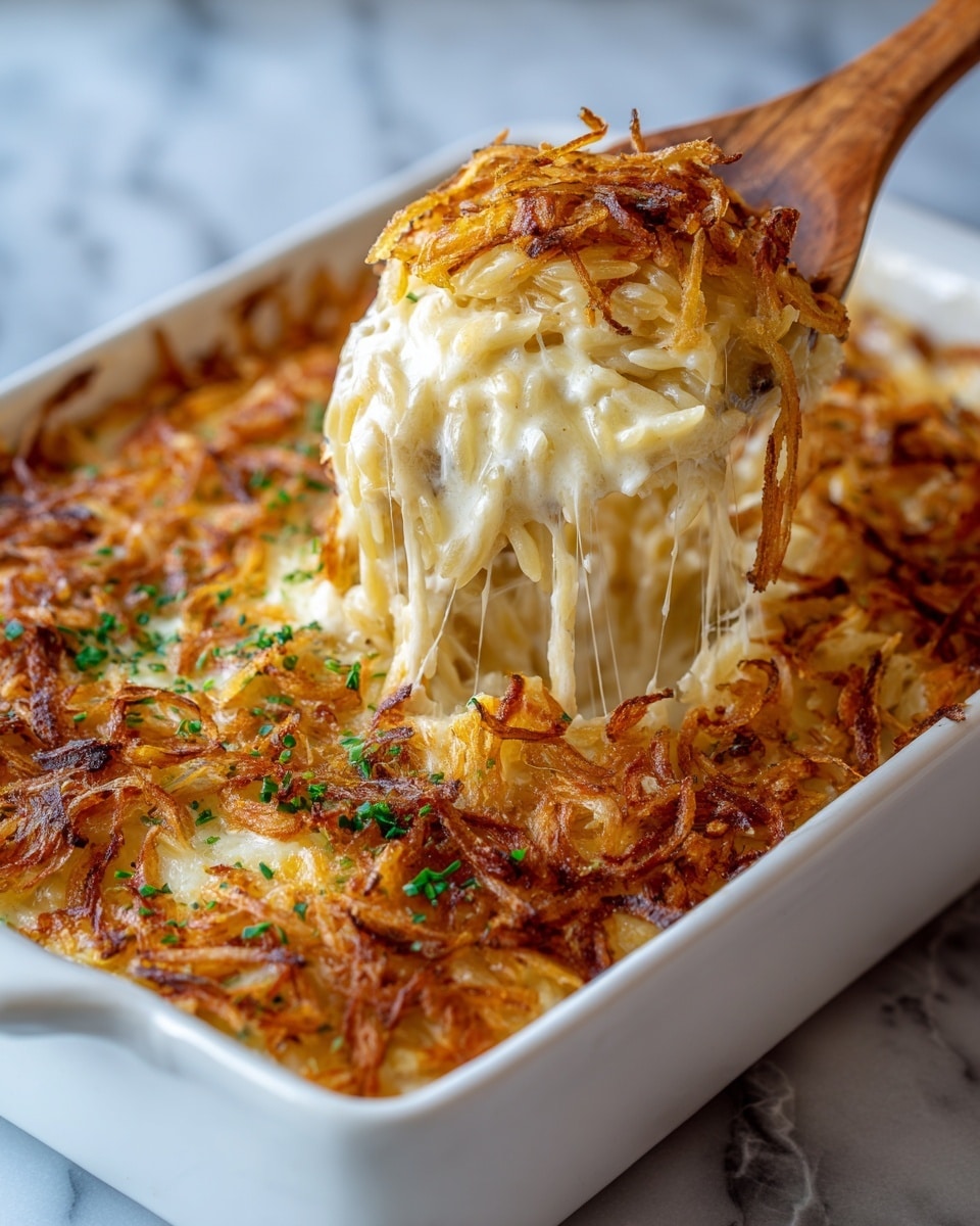 The dish is served in a white bowl placed on a white marbled surface, showing a creamy pasta casserole with three main layers. At the bottom, a smooth layer of tender pasta mixed in a beige creamy sauce, interspersed with pieces of cooked chicken that have a light golden color. Above this, finely melted cheese blends into the pasta, creating a shiny, soft texture. The top layer features crispy, caramelized brown fried onions scattered generously, adding a crunchy texture, and small bits of fresh green herbs are sprinkled evenly over the top for color contrast. Photo taken with an iphone --ar 4:5 --v 7