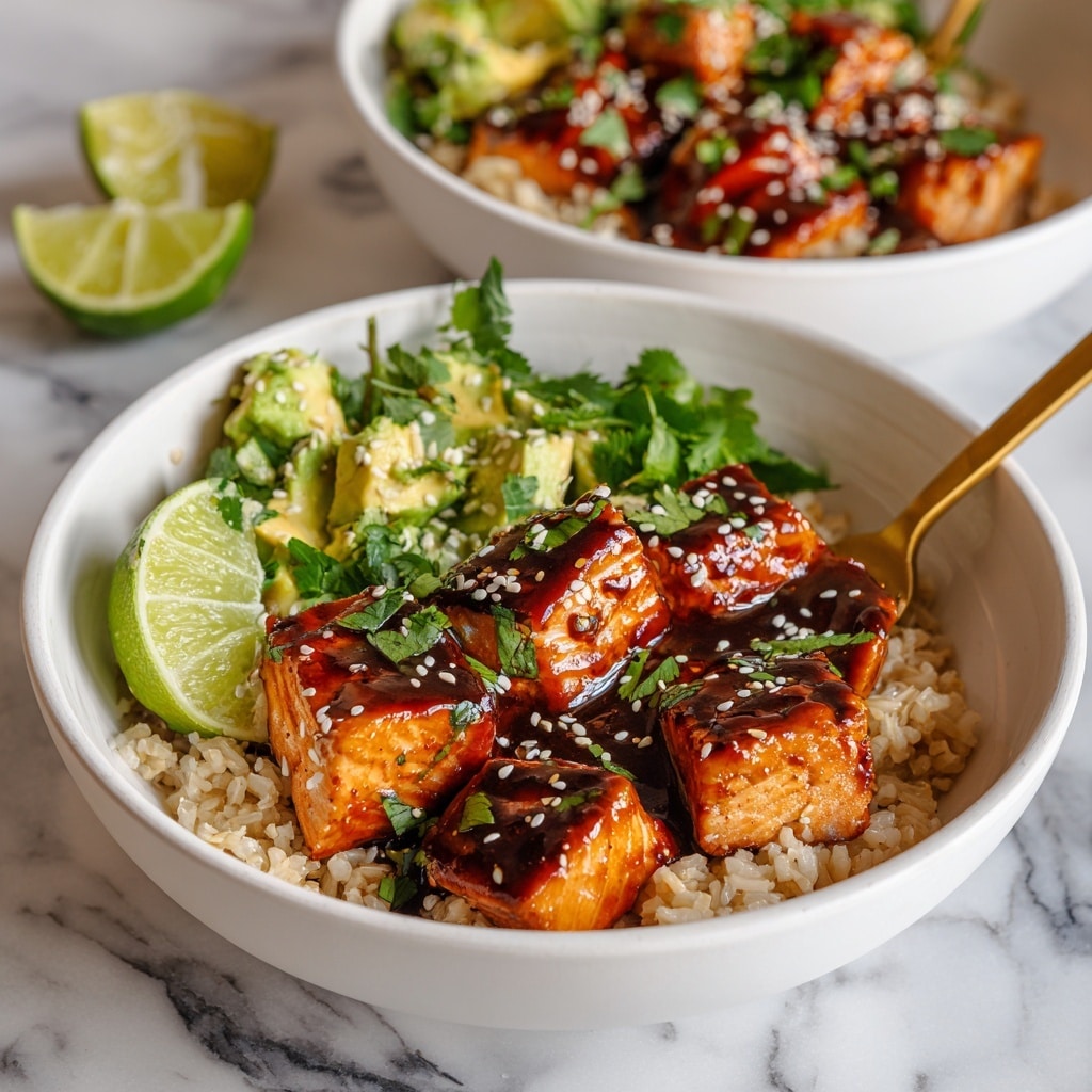 A white bowl filled with three main layers, starting with a base of light brown cooked rice at the bottom. Above the rice, there are small chunks of grilled salmon with crispy, dark brown edges and a slightly charred look. On top, there is a fresh mix of diced green avocado and chopped herbs, all covered with a creamy, reddish-orange sauce that drips over the sides. Two lime wedges rest on the left side of the bowl, adding a pop of bright green. White sesame seeds sprinkled on top add texture, and a golden spoon rests inside the bowl on the right side. The bowl sits on a white marbled surface. photo taken with an iphone --ar 4:5 --v 7